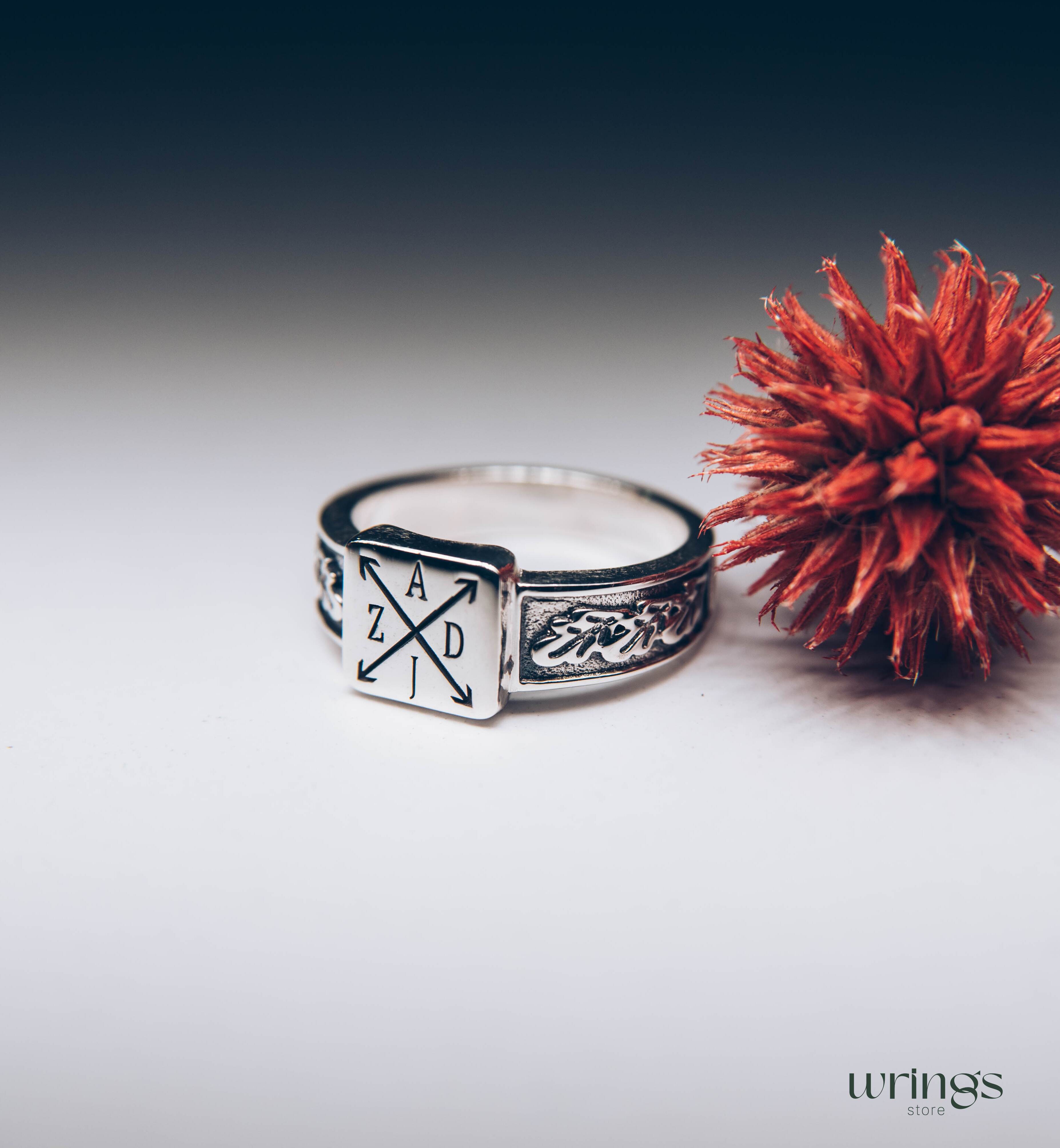 Initials and Monogram Signet Ring Engraved Oak Leaves