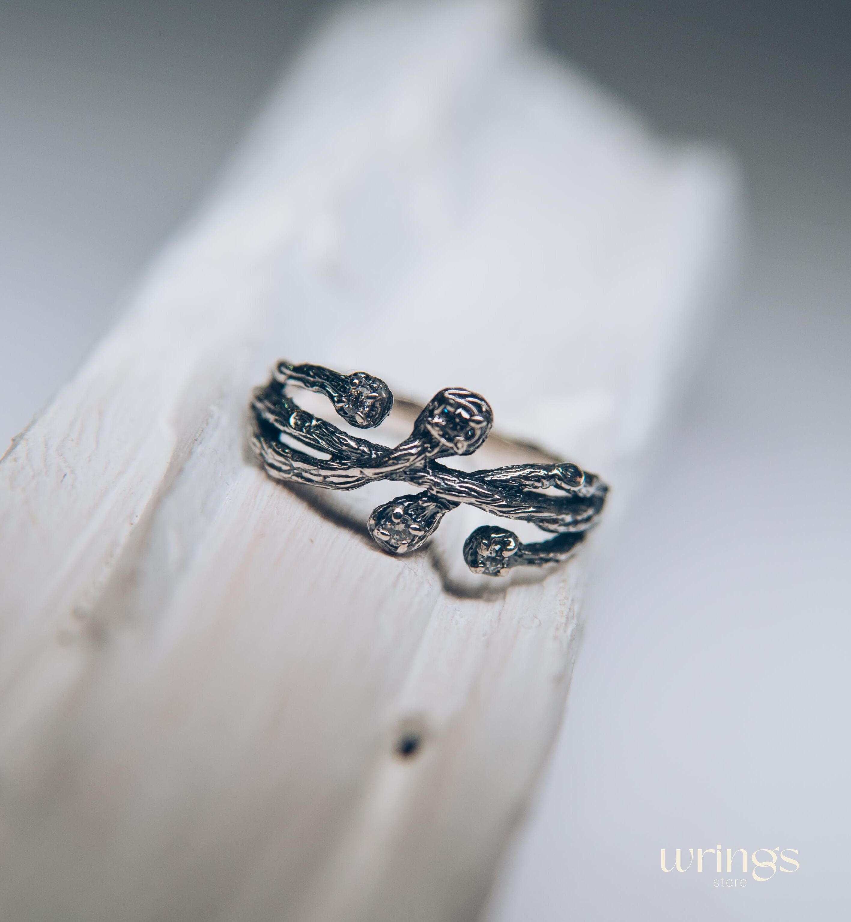Intertwined Silver Branch Ring with 4 Gemstones