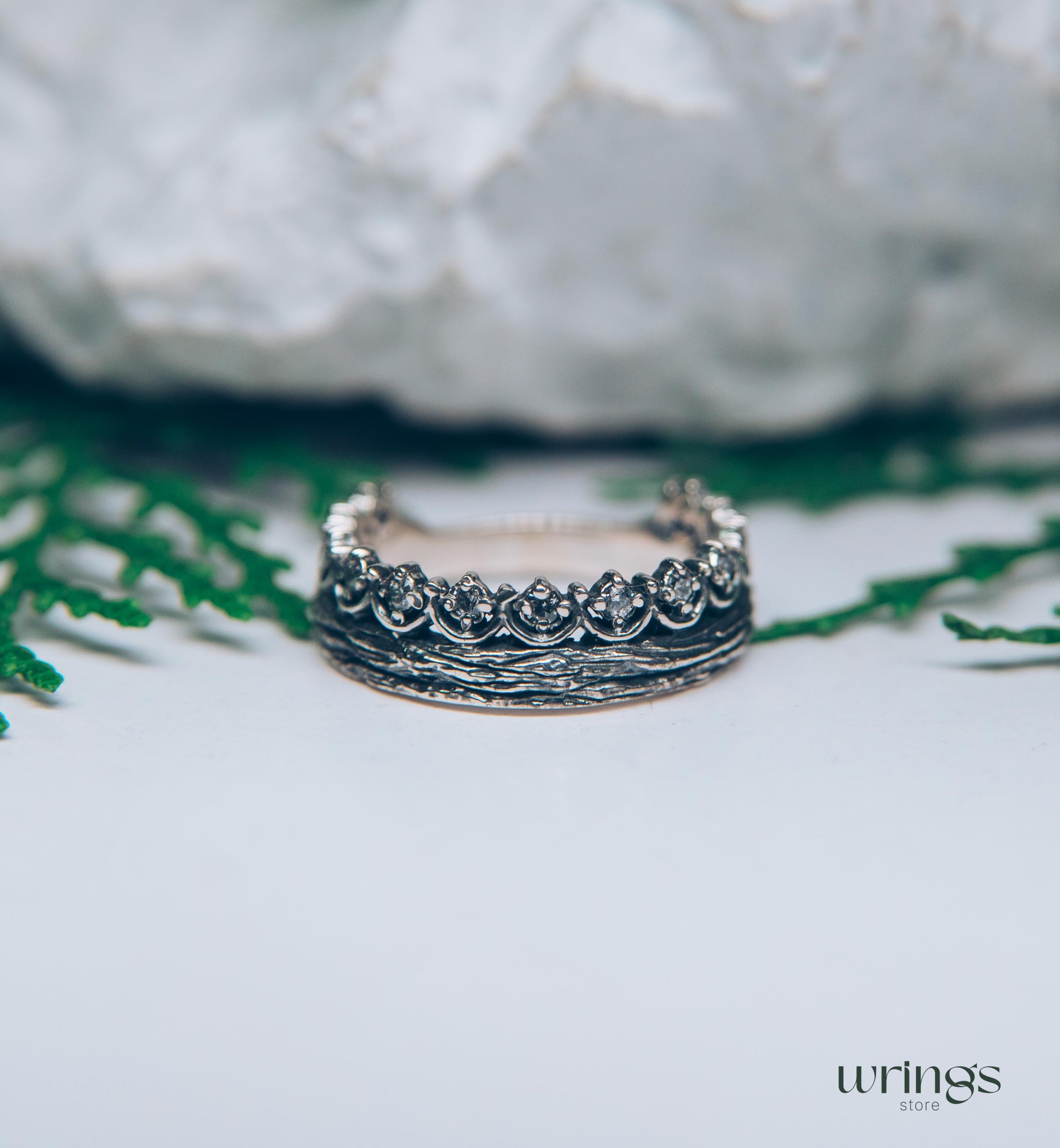 Princess Crown Wedding Ring with Gems & Twig Silver Band