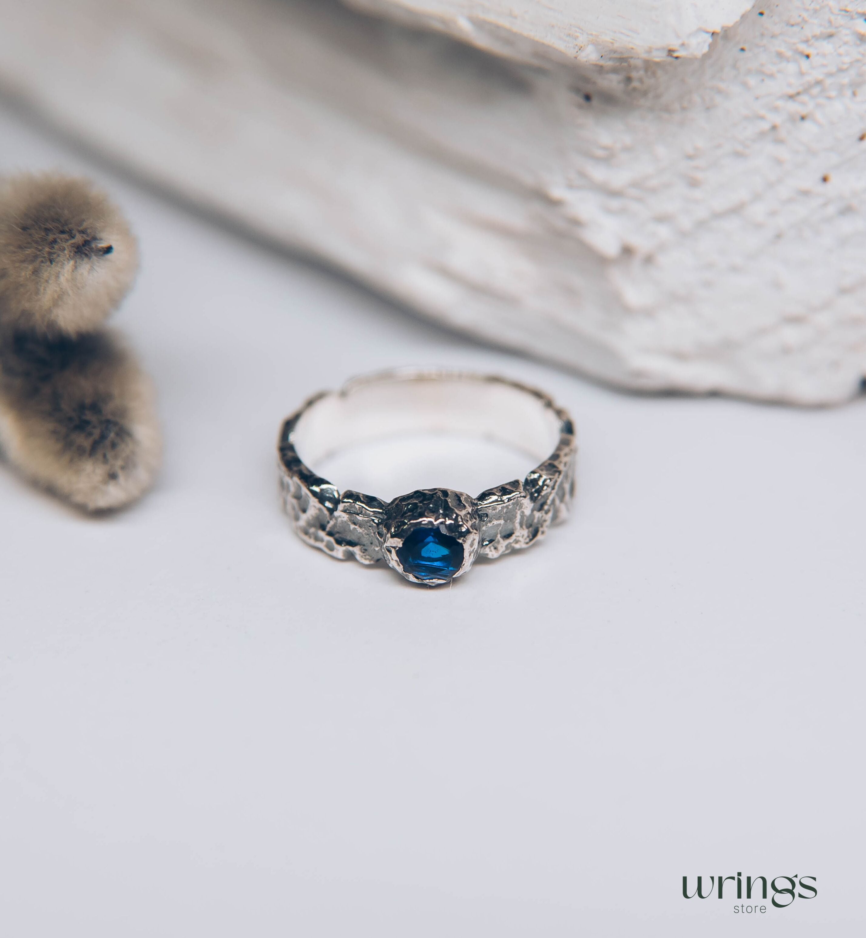 Sapphire Women's & Men's Hammered Sterling Silver Ring