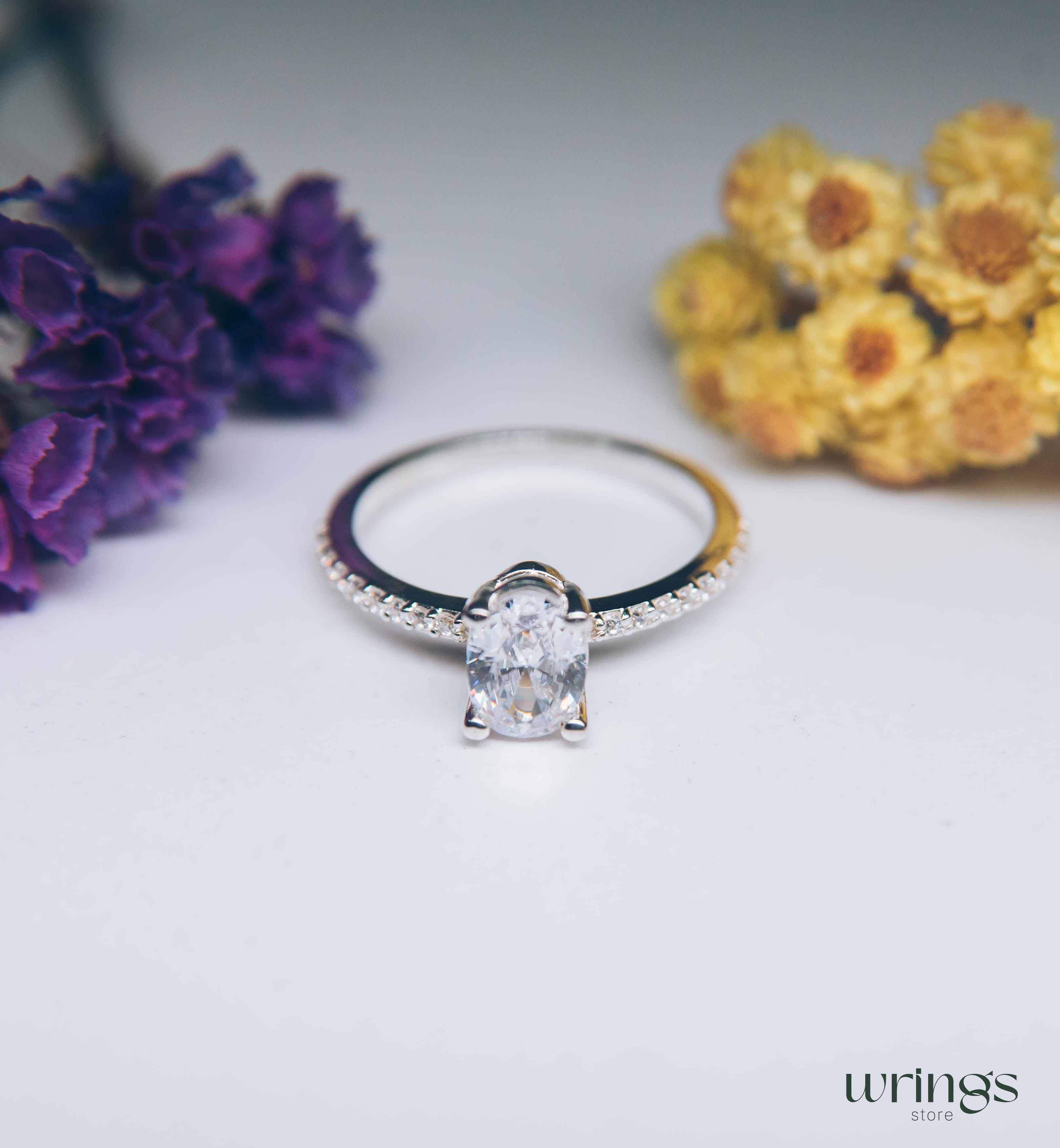 Large Oval Diamond CZ Engagement Ring Pave Side Stones