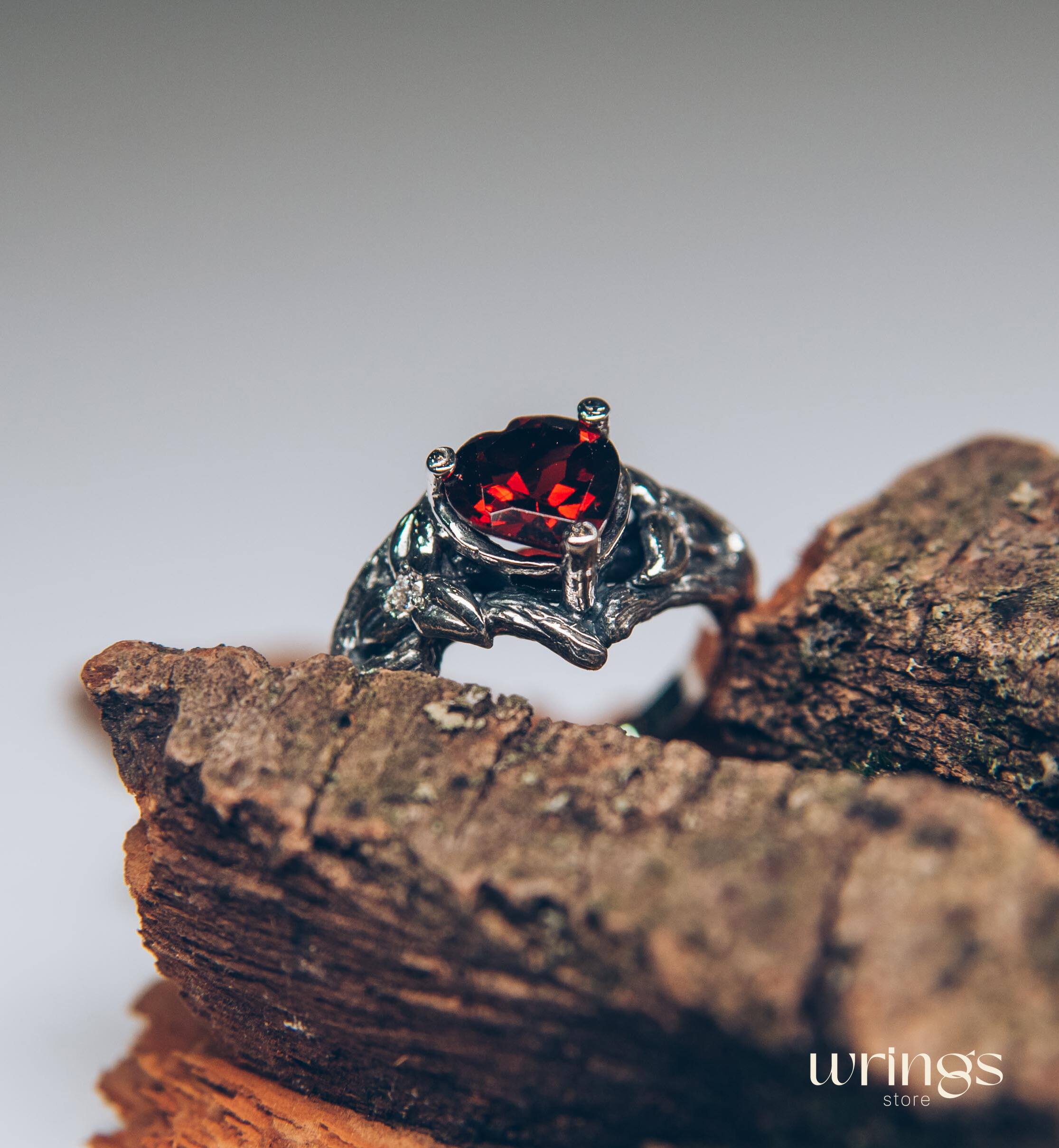 Heart Shaped Garnet Branch Engagement Ring with Leaves
