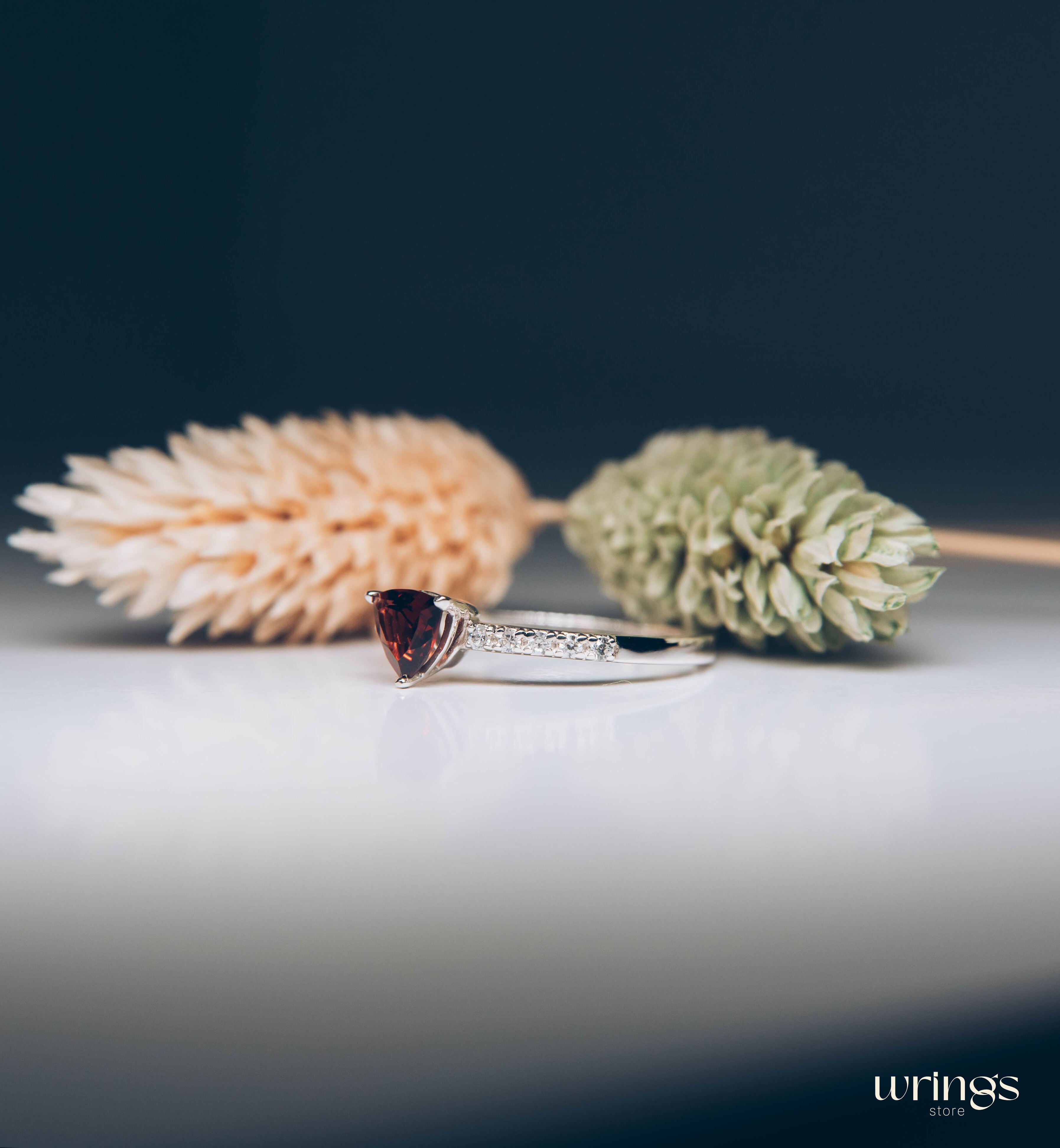 Trilliant Garnet Engagement Ring Silver & Side CZ Stones