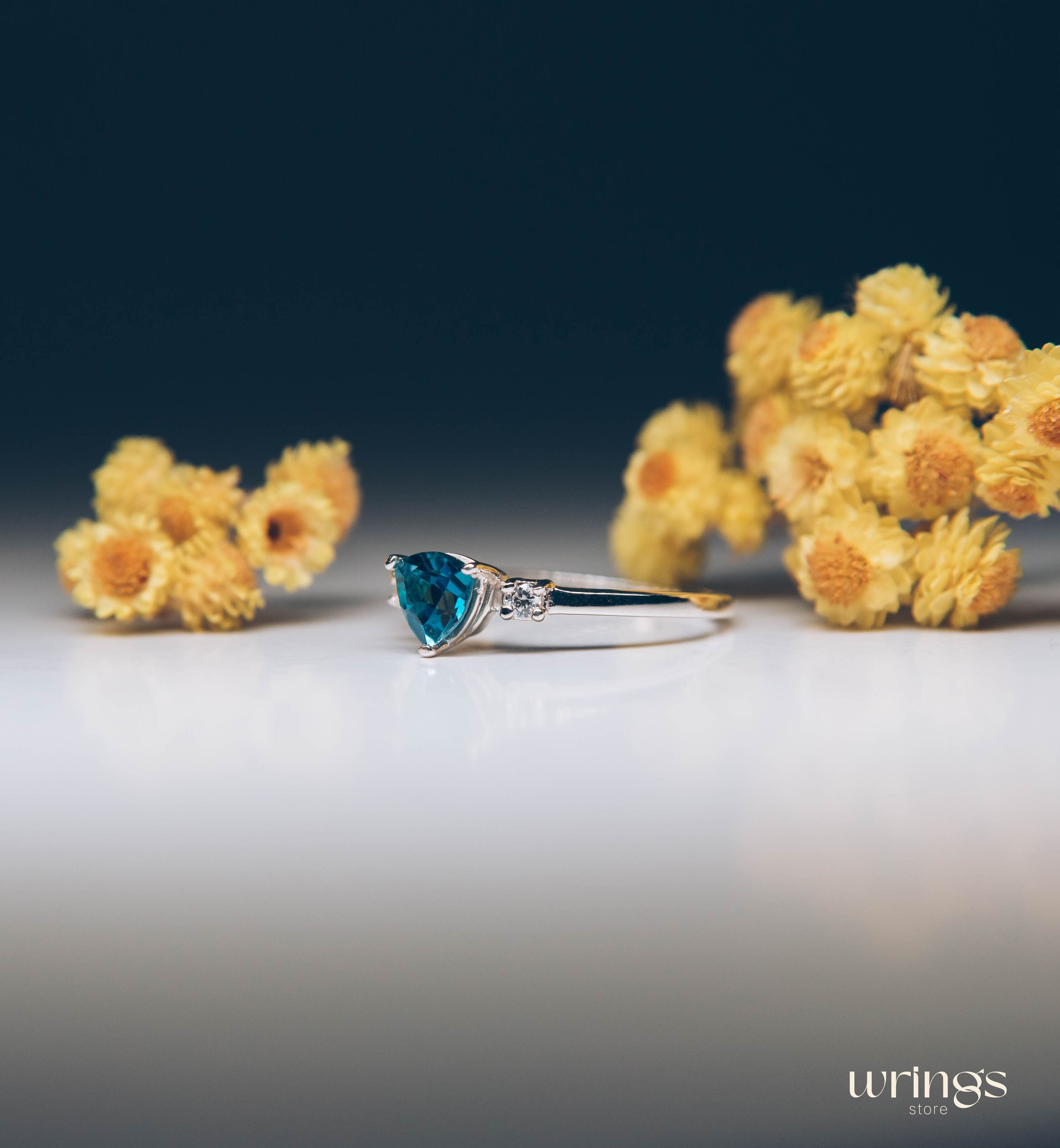 Shiny Trillion Topaz Silver 3 Stone Engagement Ring