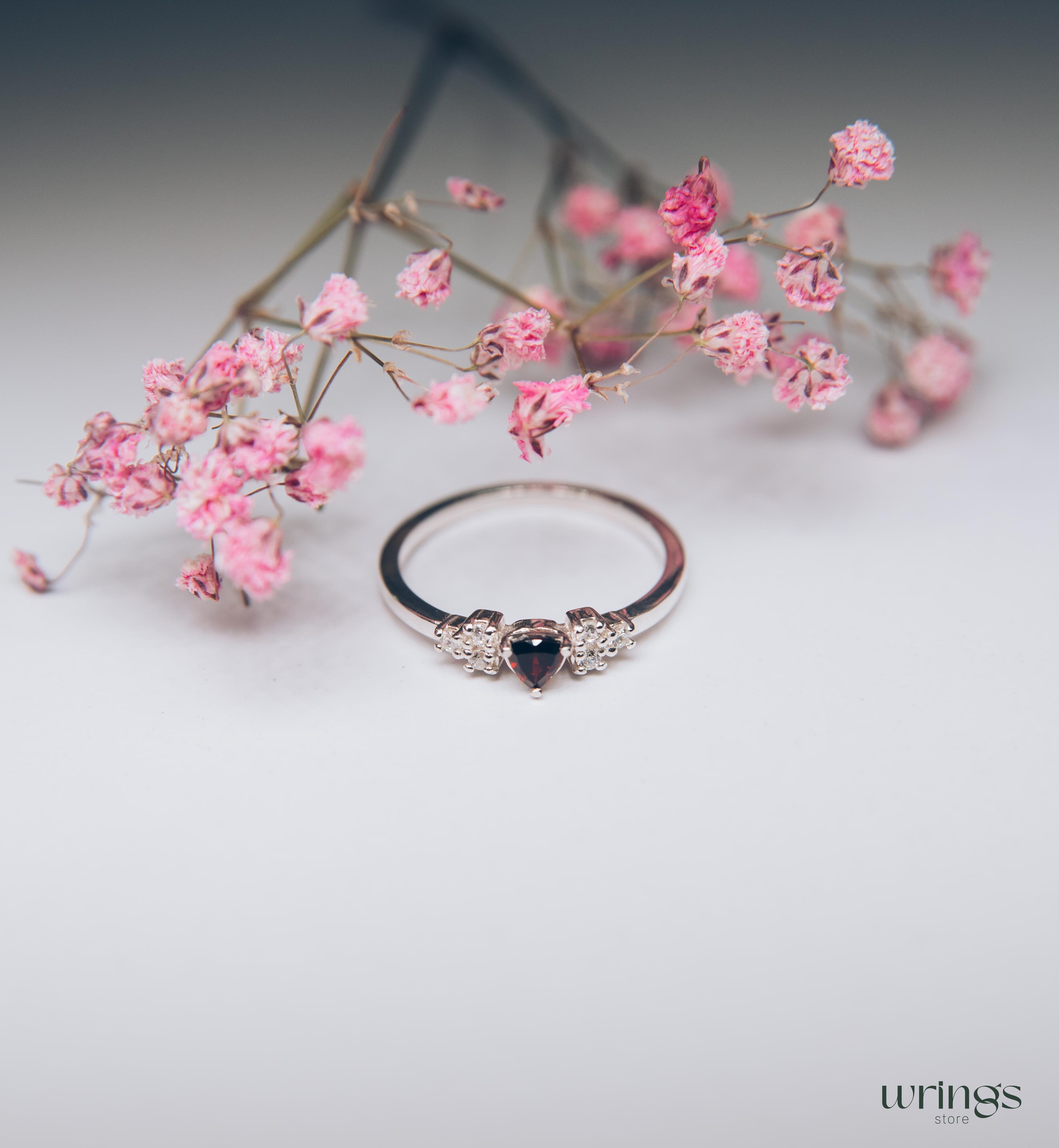 Silver Cluster Engagement Ring Trillion Garnet center & CZ