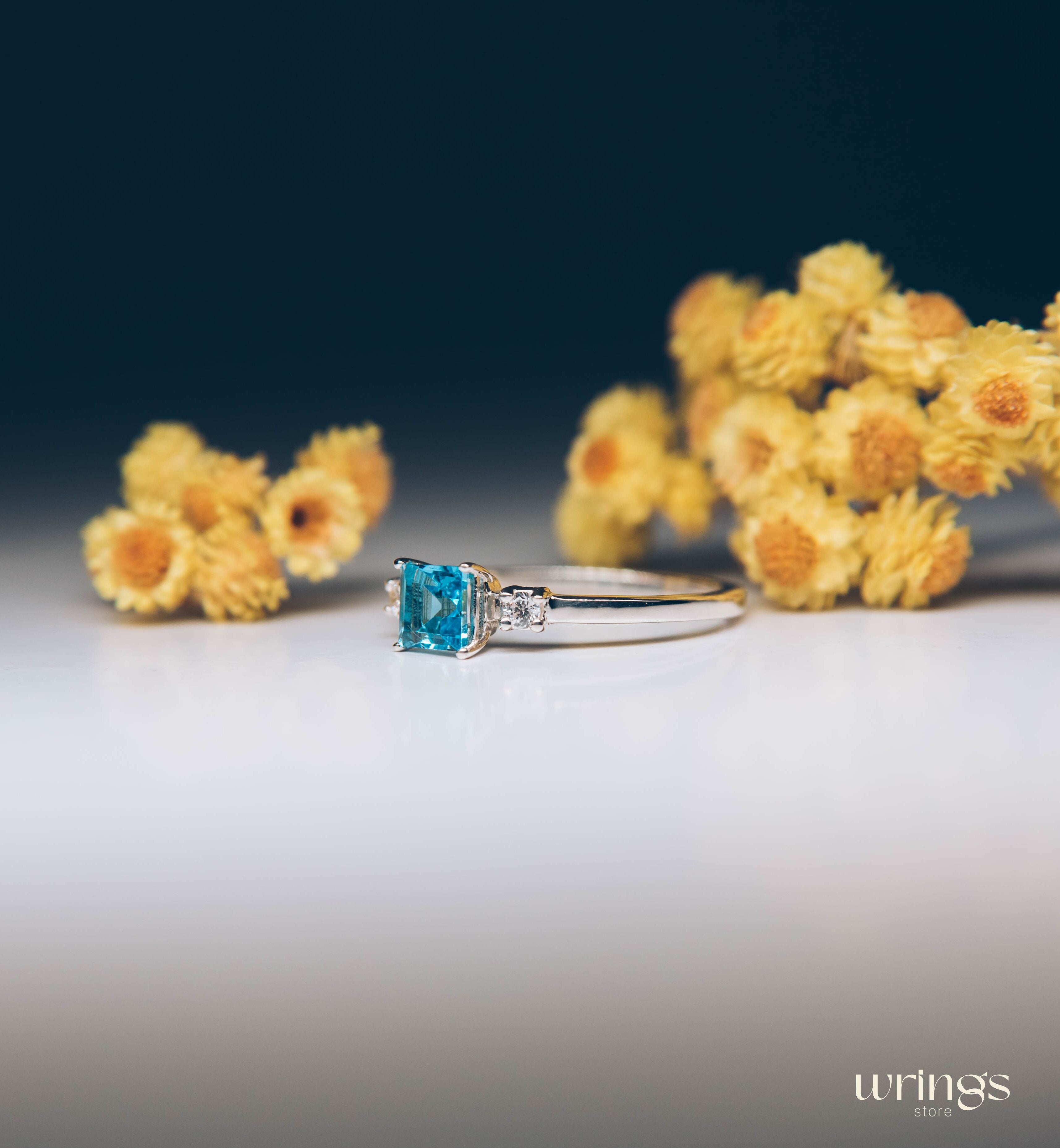 Square Swiss Topaz 3 Stone Engagement Ring Silver