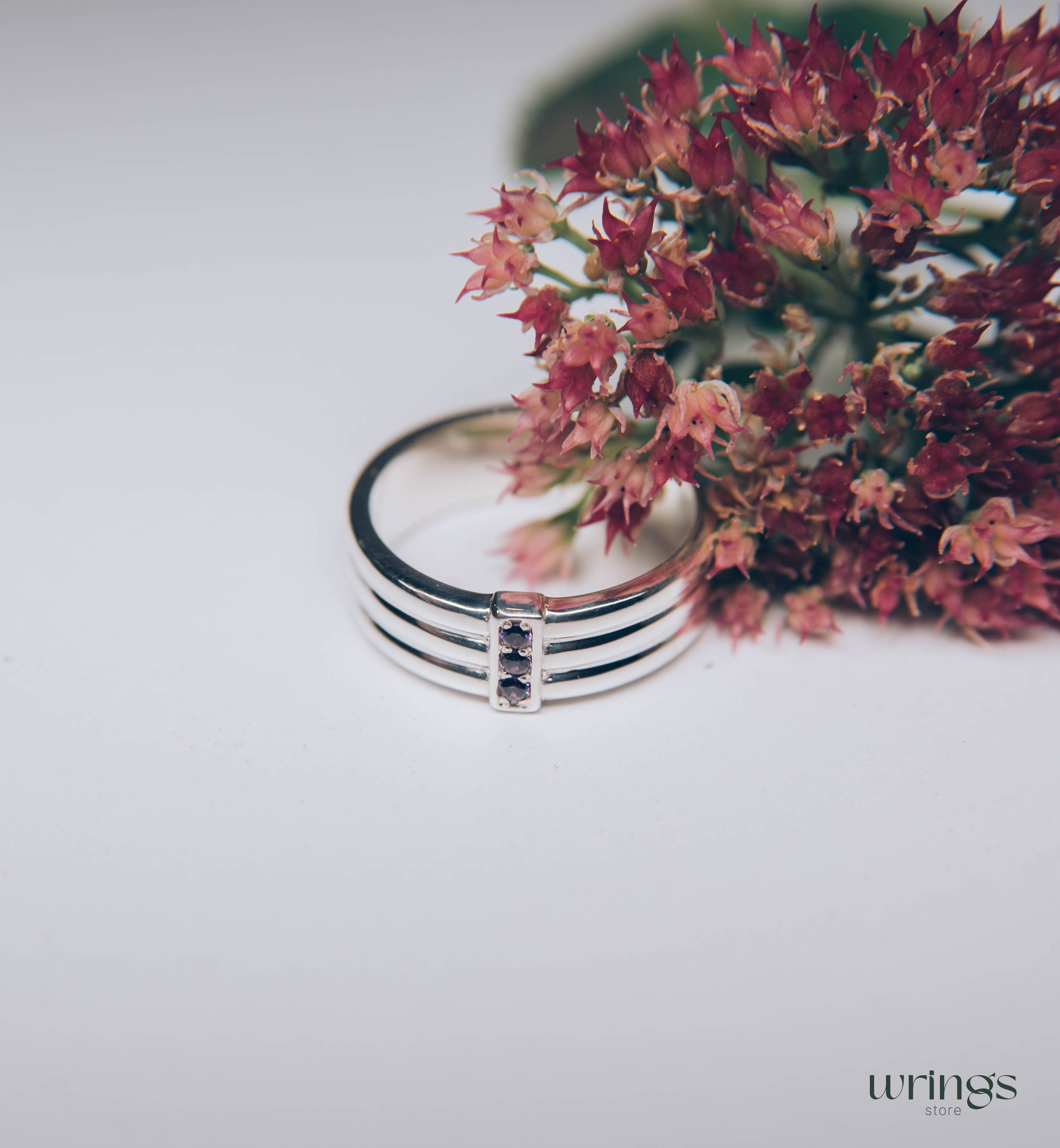 Three Amethysts Straight Triple Ring in Sterling Silver