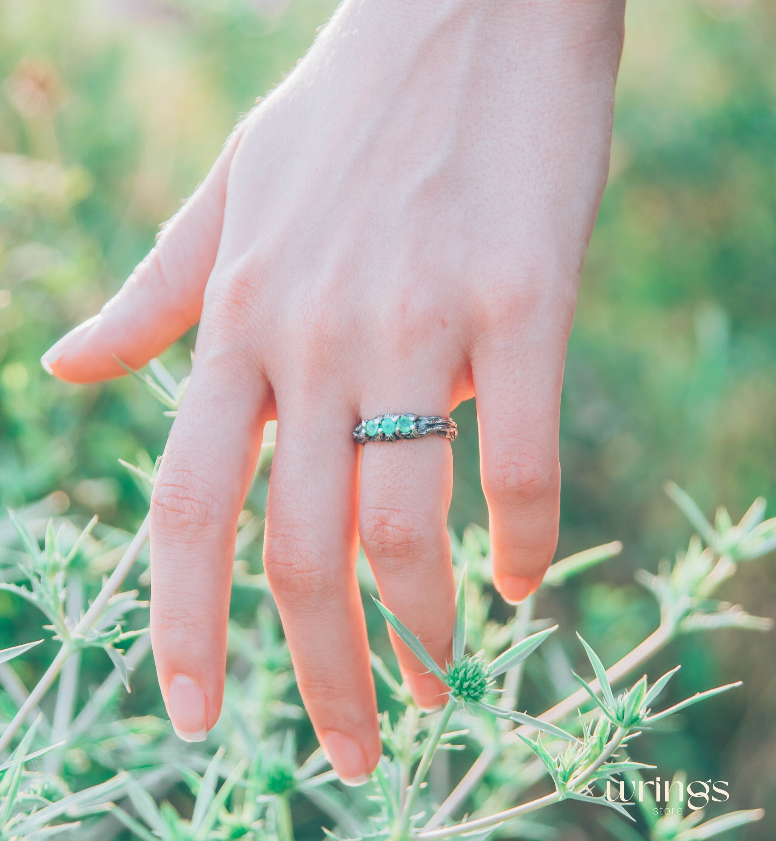 Emeralds on Branch Silver Three Stone Ring for Her
