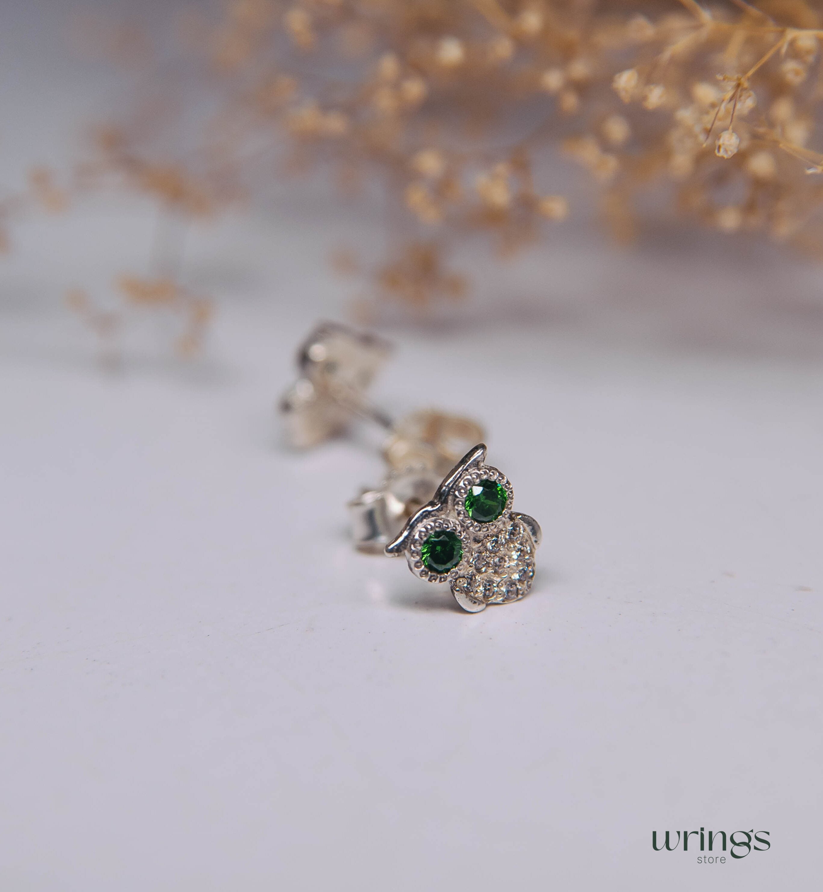 Emerald Eyes Owl Stud Earrings Silver with White Stones