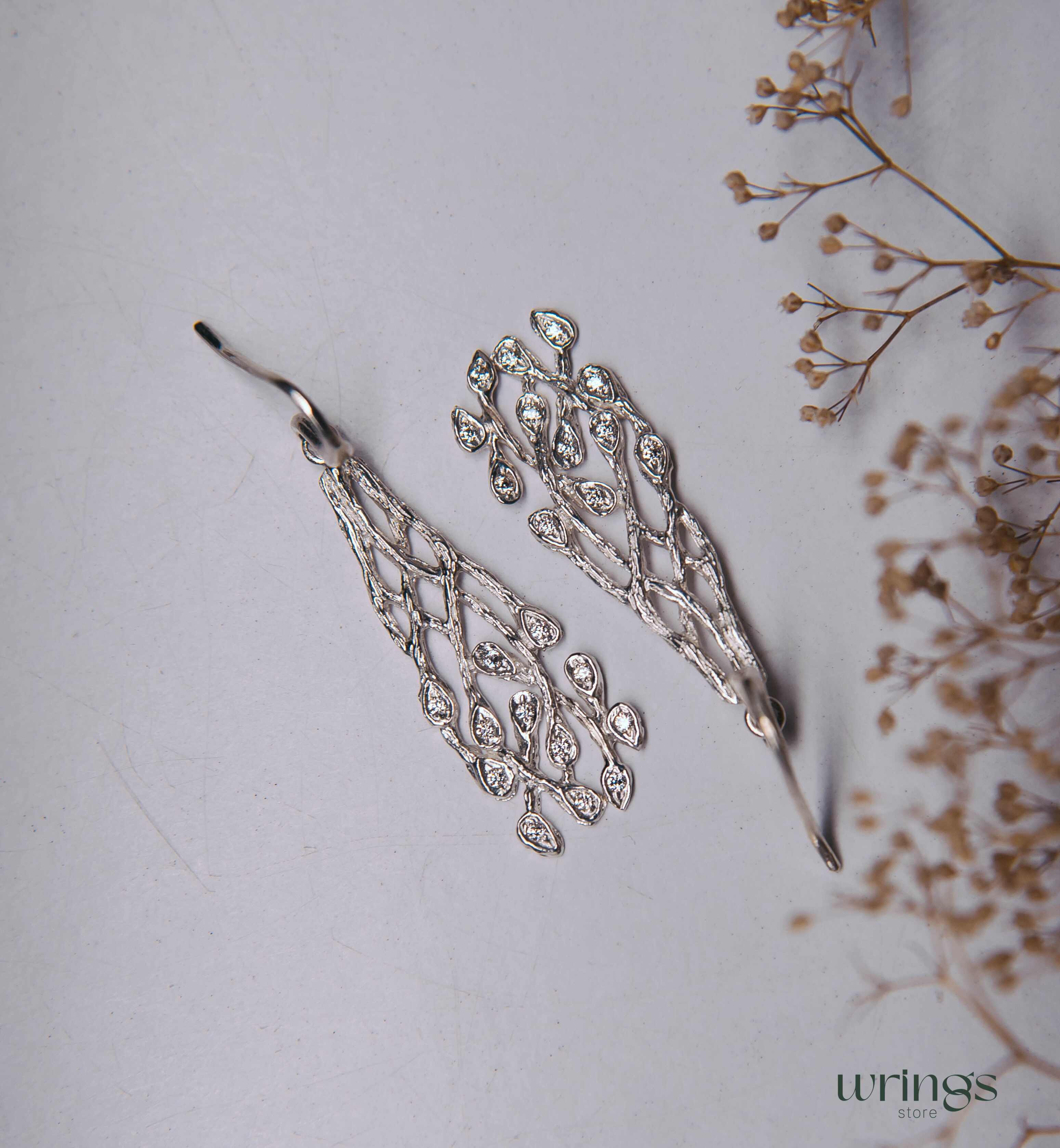 Layering Branch Gemstone Earrings Silver Cottagecore