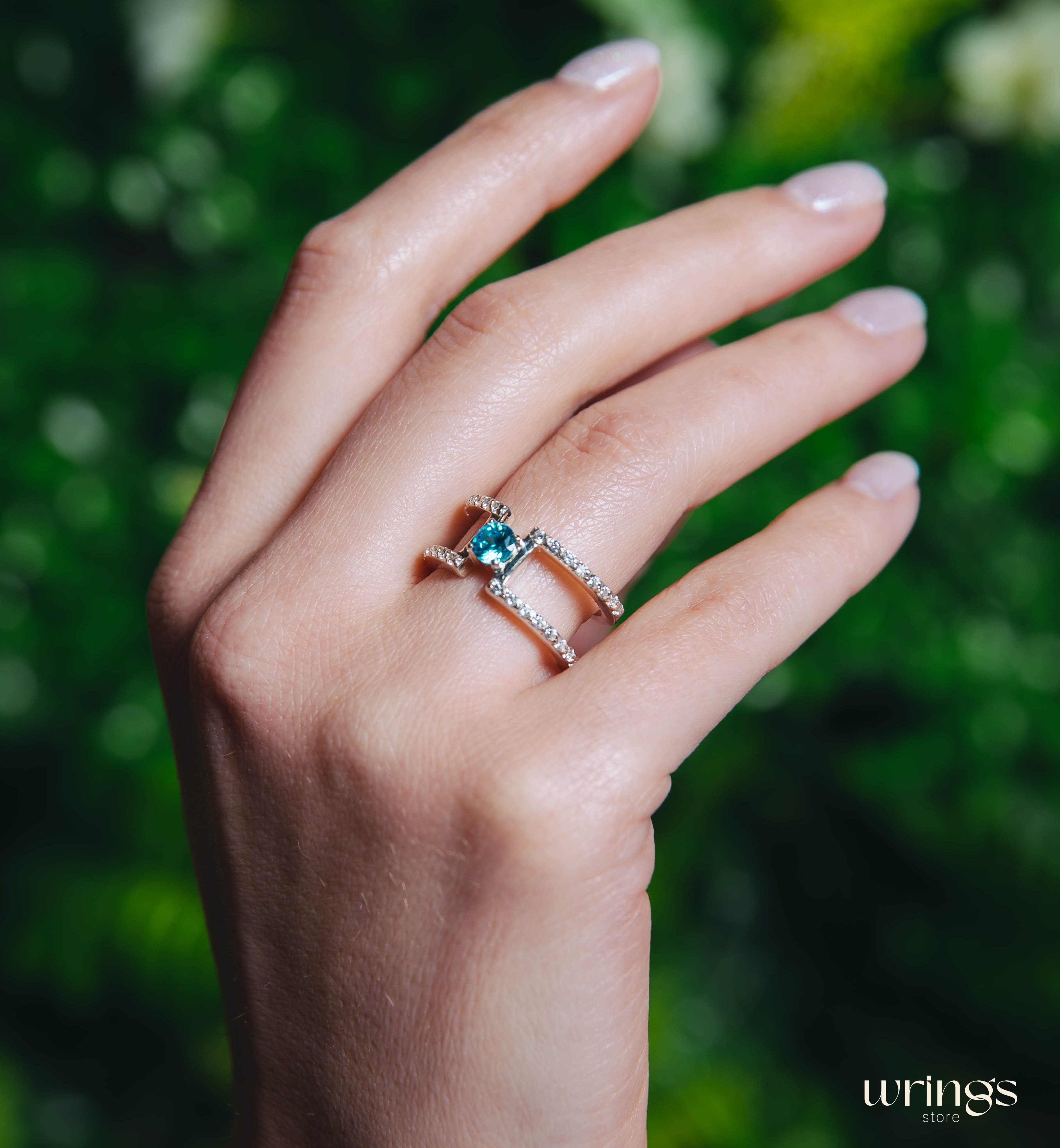 Double Band Silver Statement Ring Topaz and Diamonds