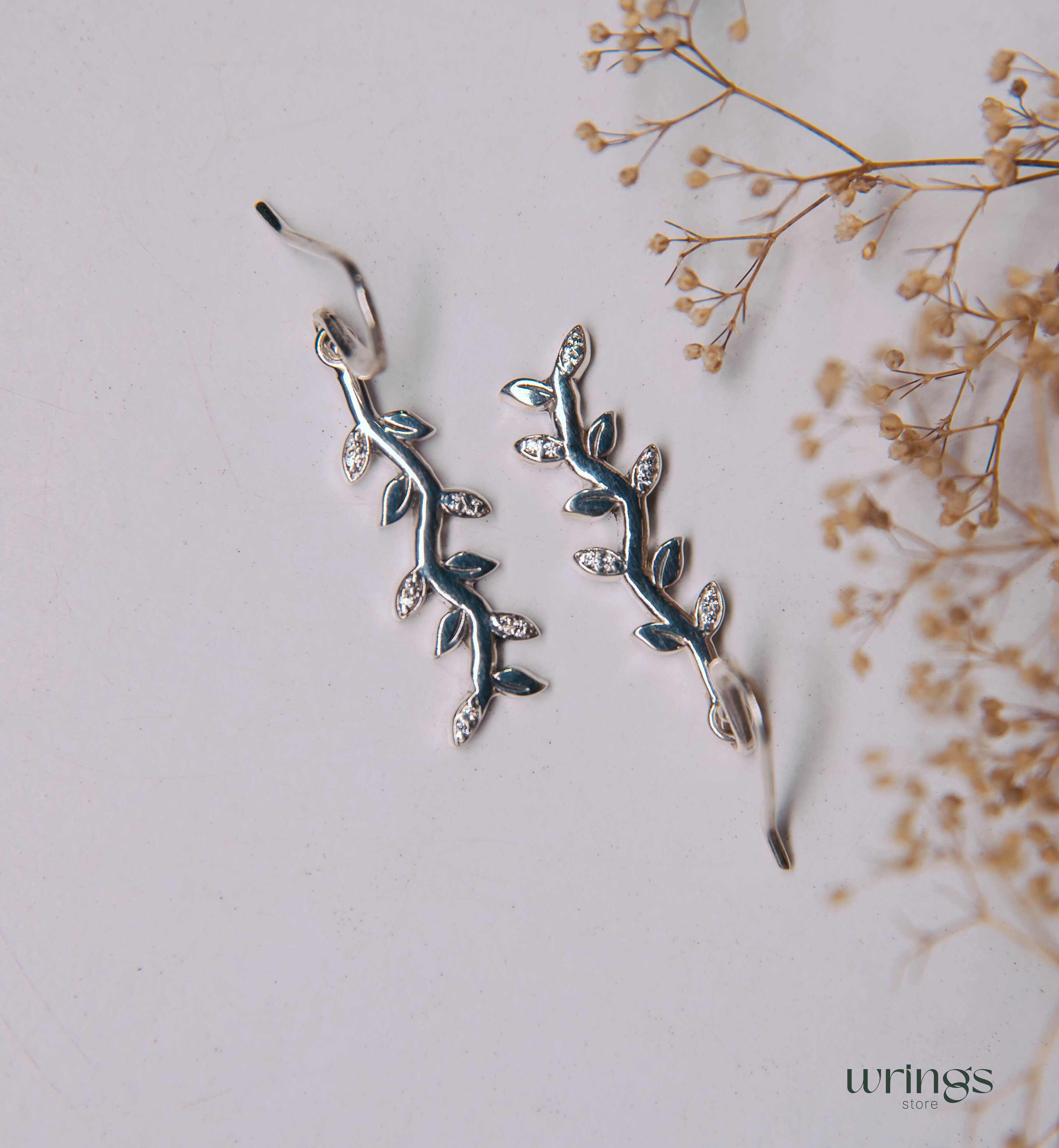 Pretty Many Leaves Silver Earrings with White Gemstones