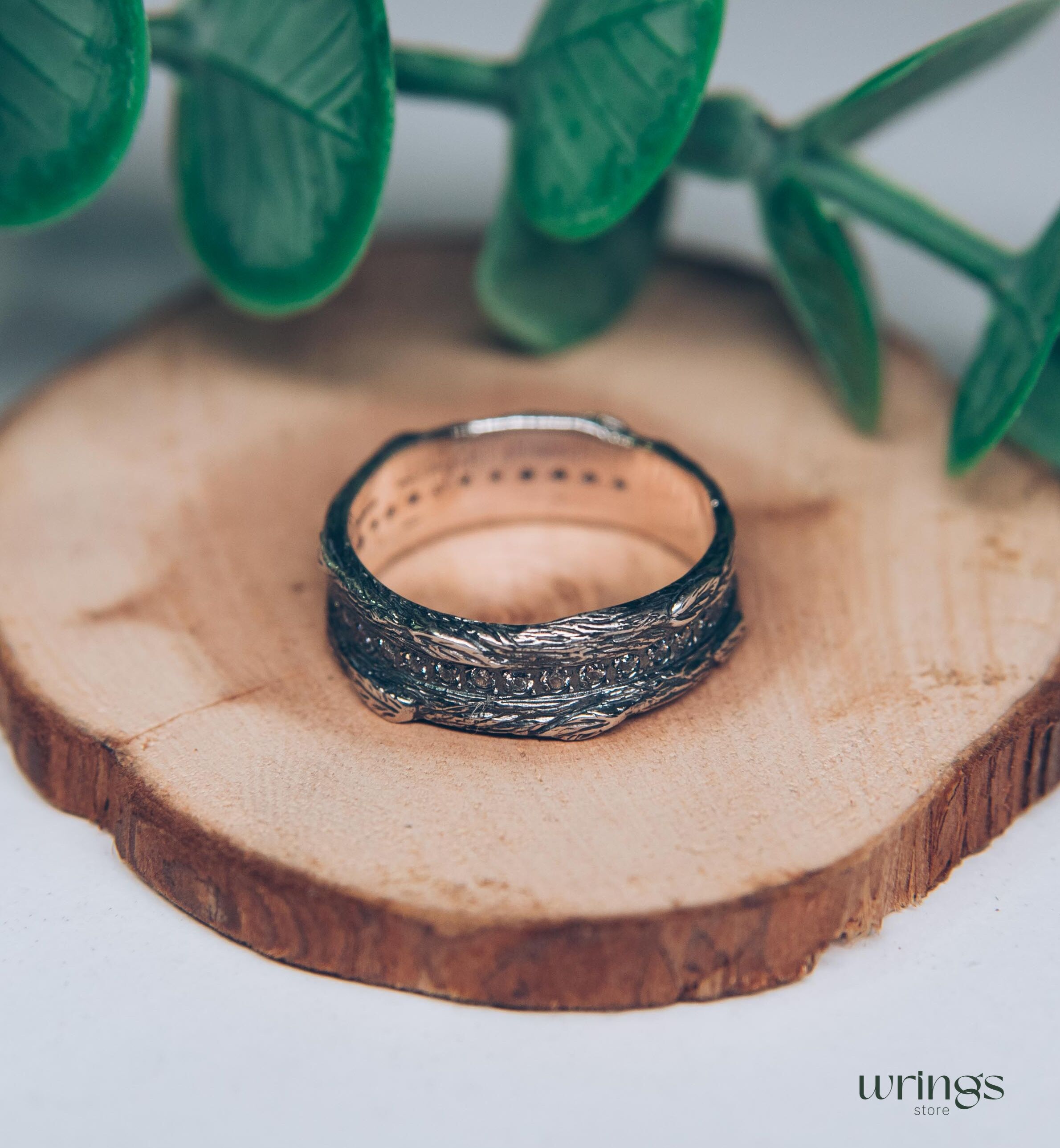 Silver Eternity Ring Wood Leaves and White Stones