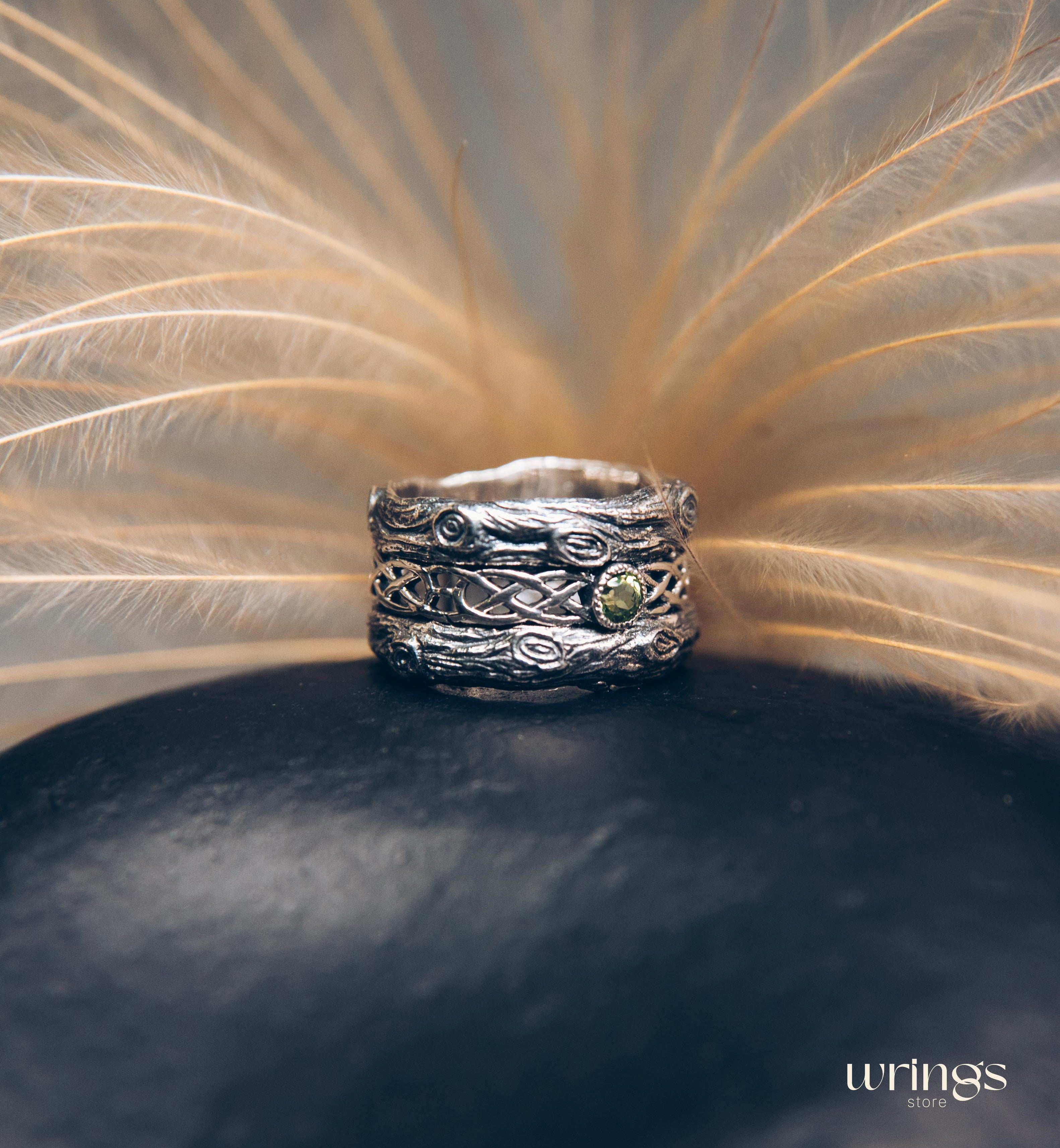 Silver bark with Celtic Weaves & Peridot Wedding Ring