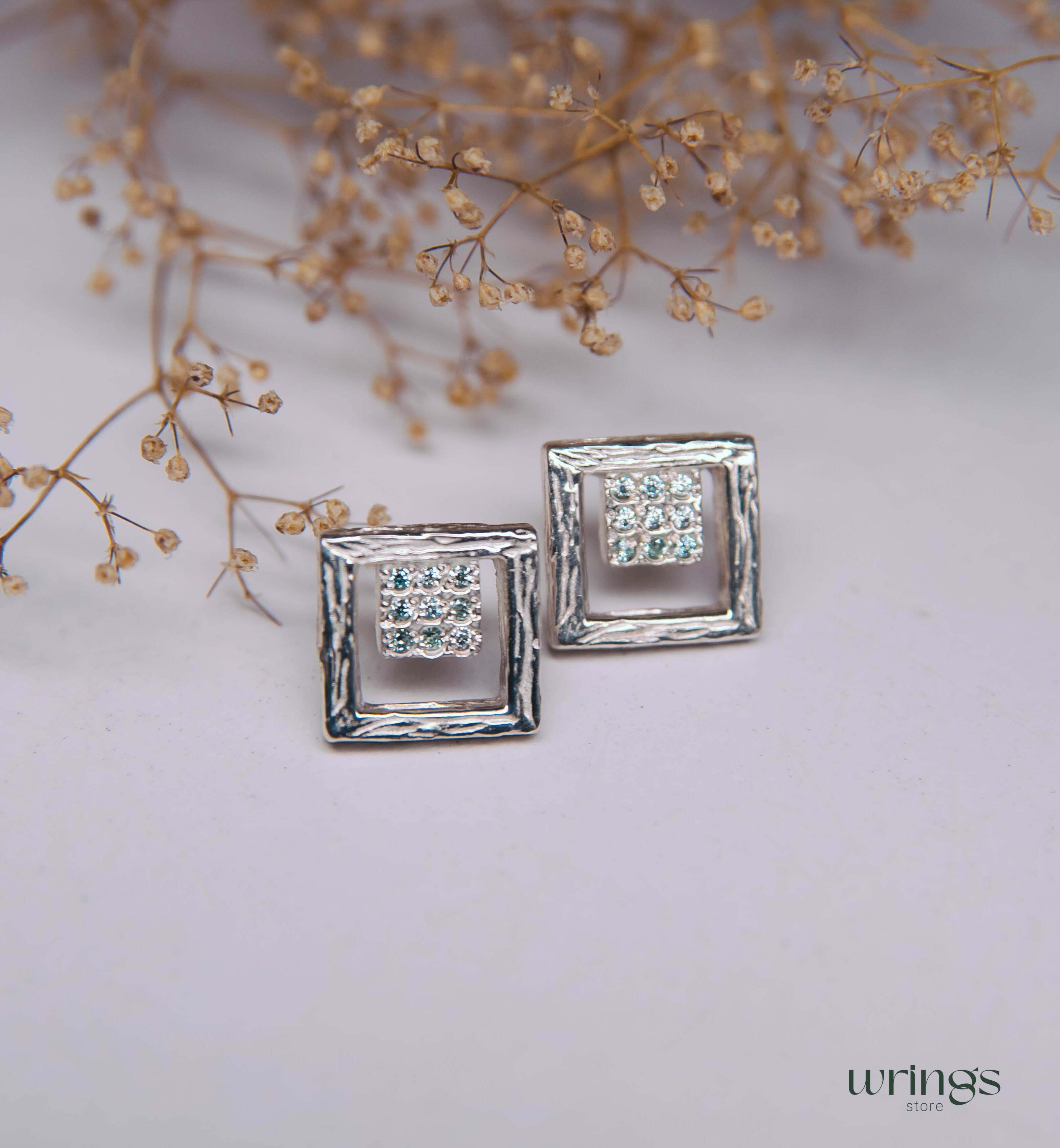 Open Square Shape Tree Silver Stud Earrings with Topaz