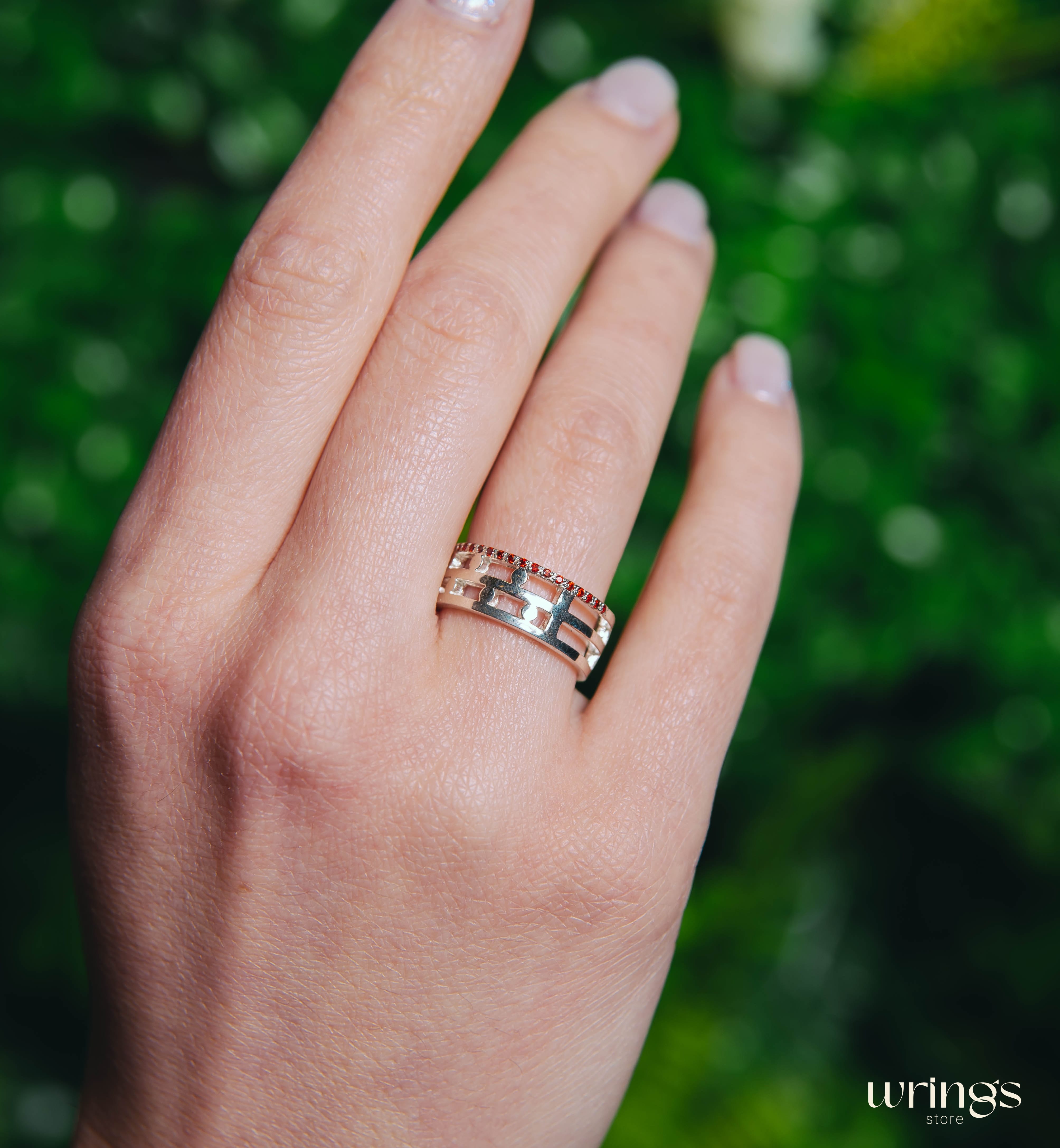 Silver Wedding Band Garnets and Dots Modern Style