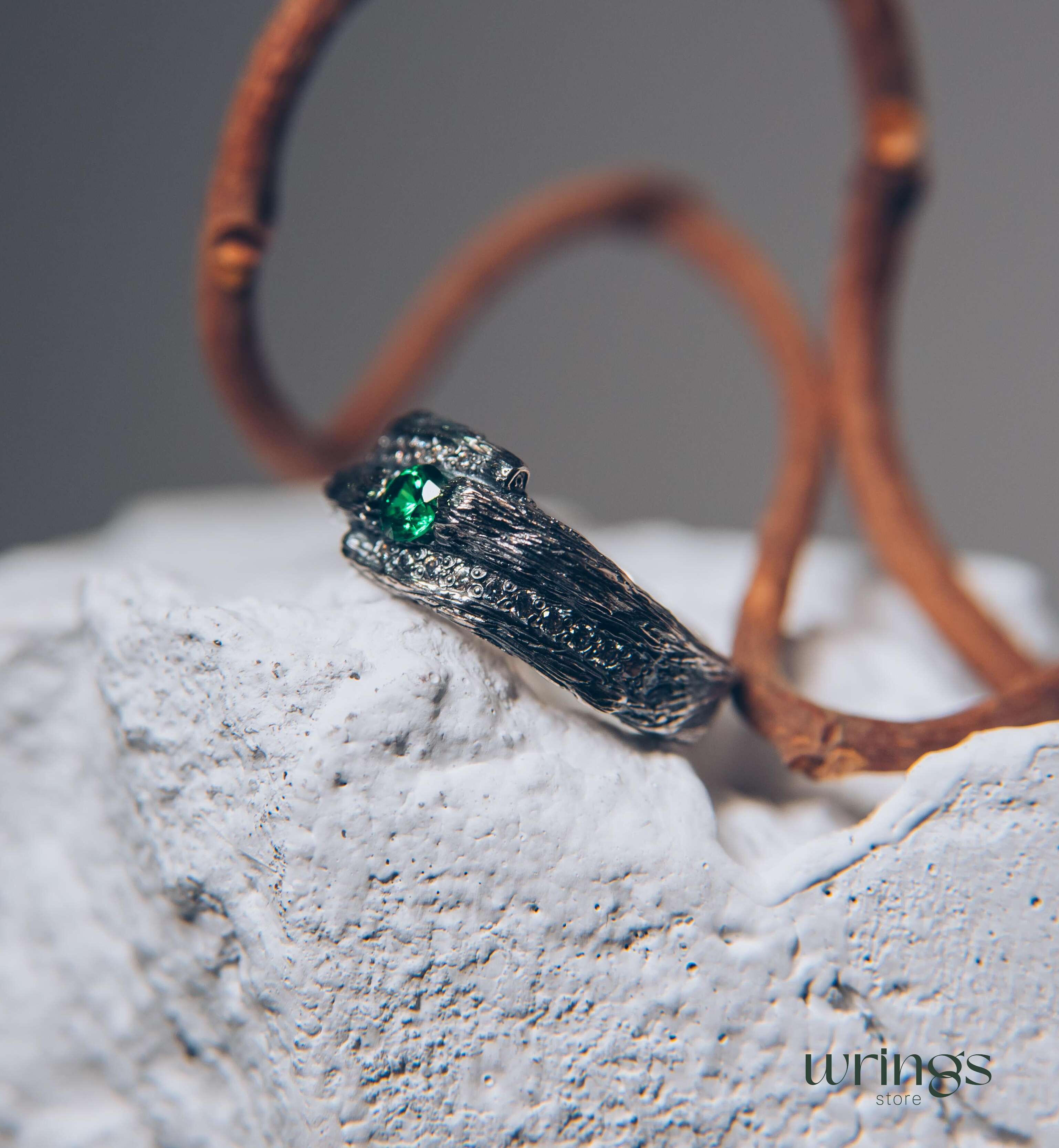 Wide Silver Branch Ring with Magic Emerald & Side CZ