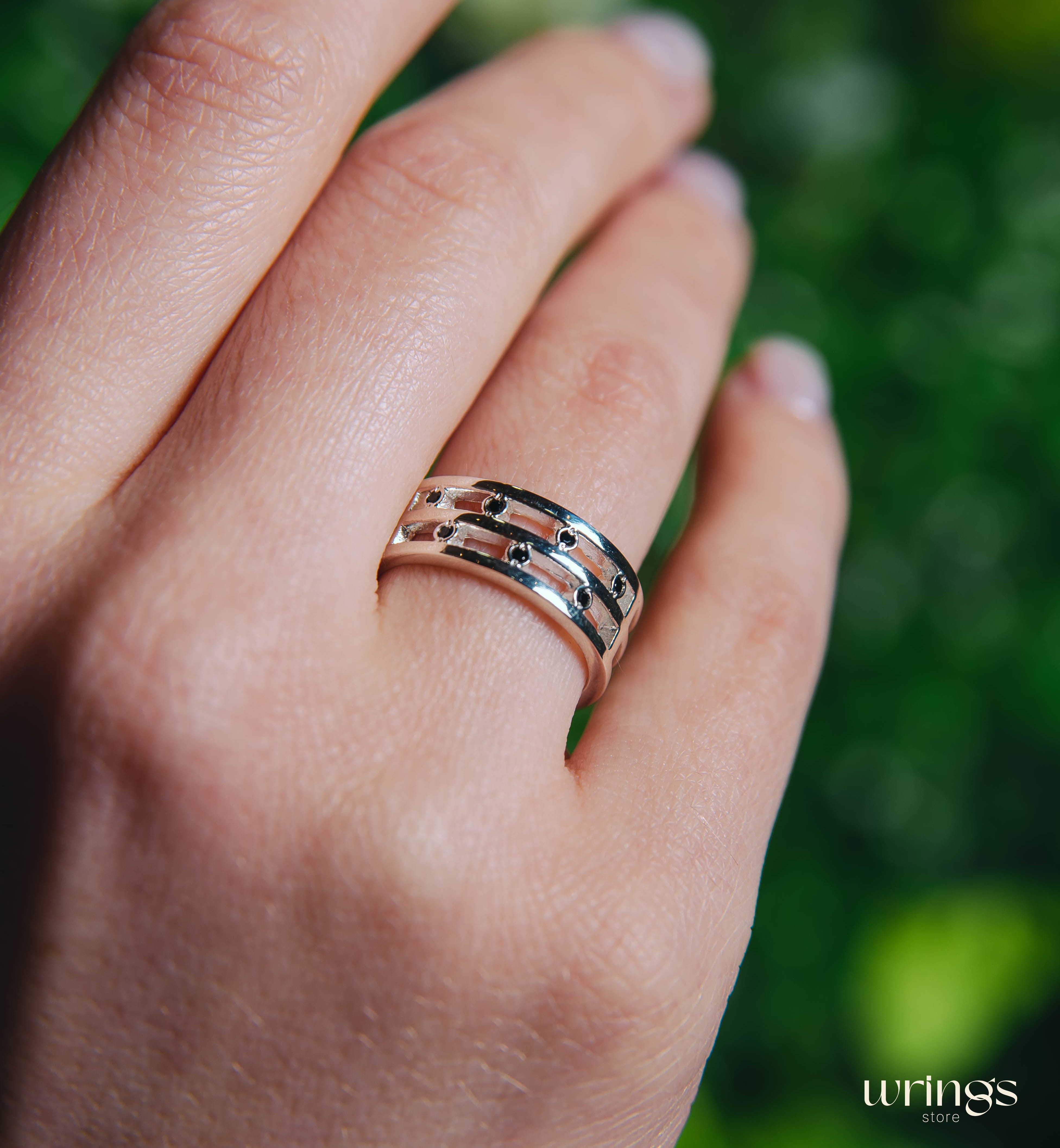 Stylish Black Diamond Band for Women Open Design Silver