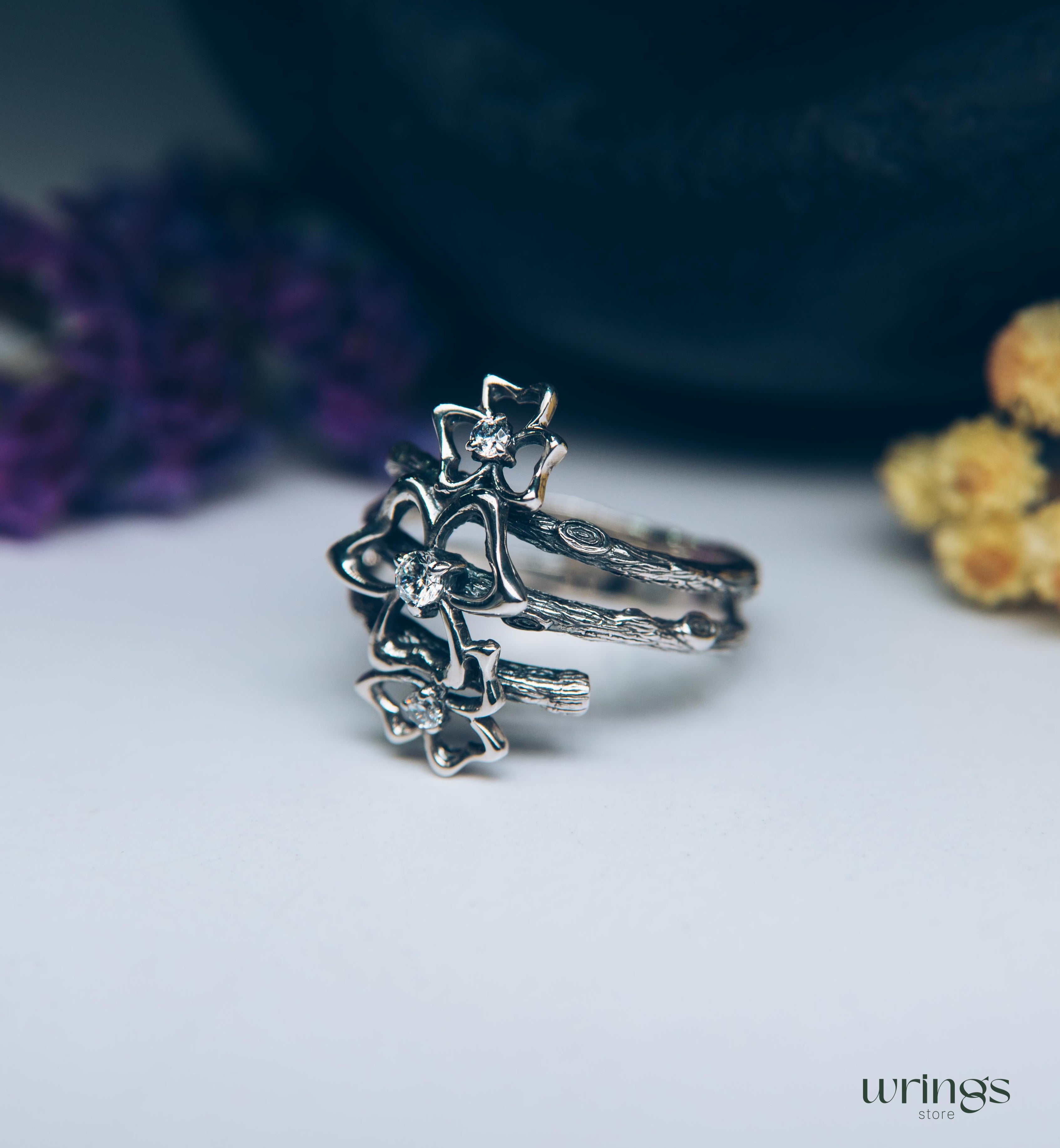 Triple Cubic Zirconia Trefoils on the Silver Branches Ring