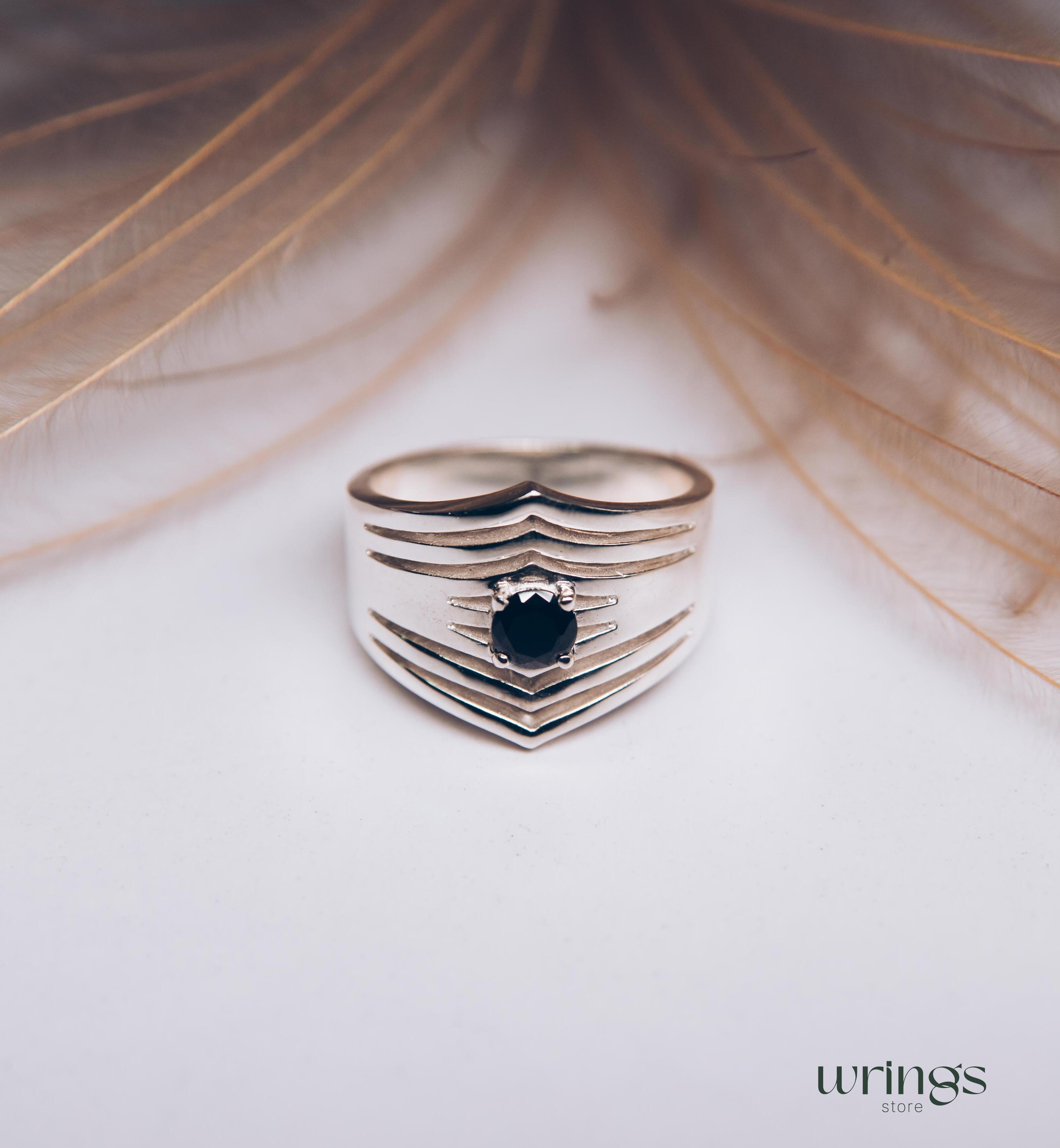 Extra Wide Silver Chevron Band Simulated Black Diamond