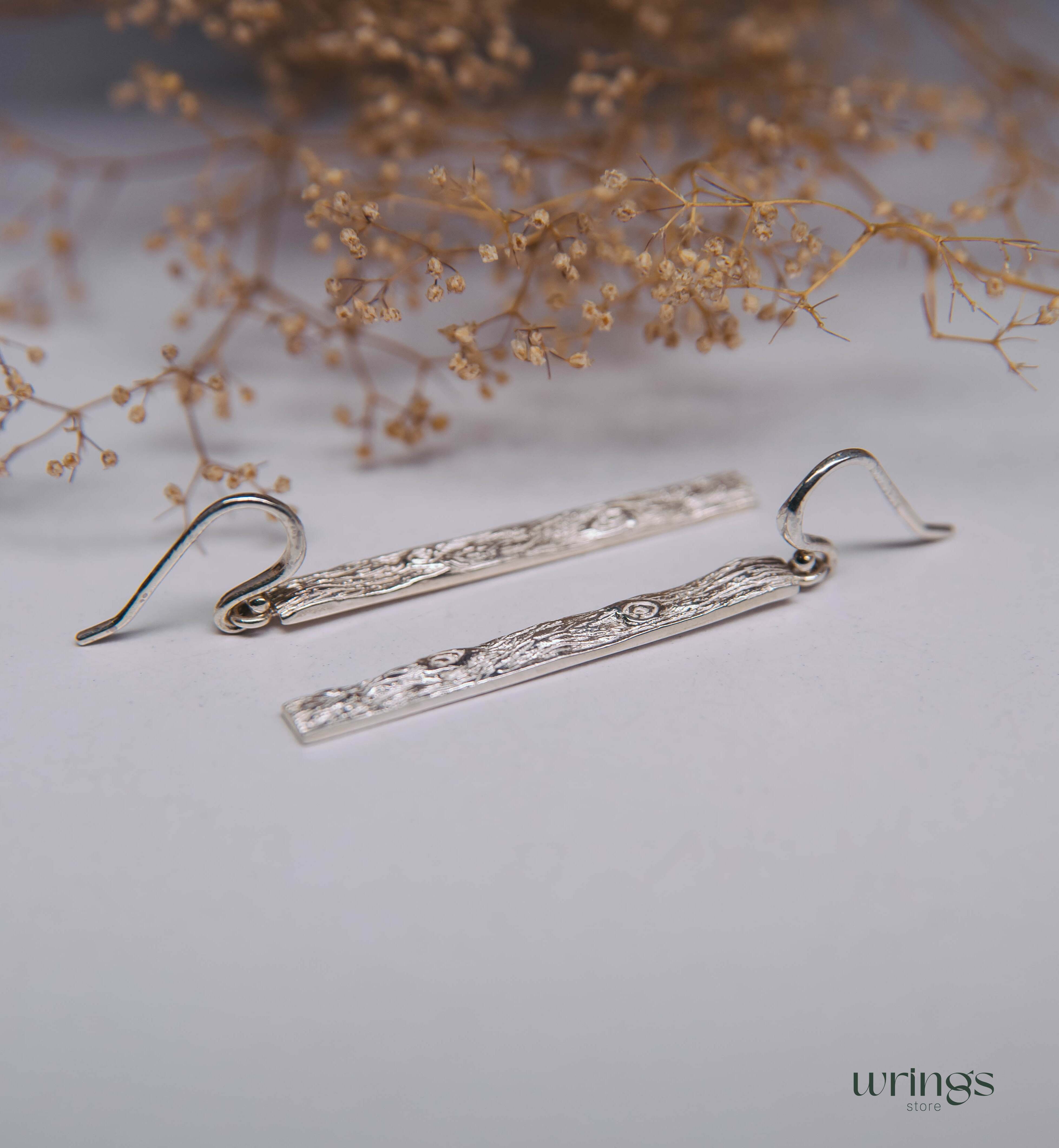 Long Tree Bark Drop Earrings Silver Rustic Naturalist