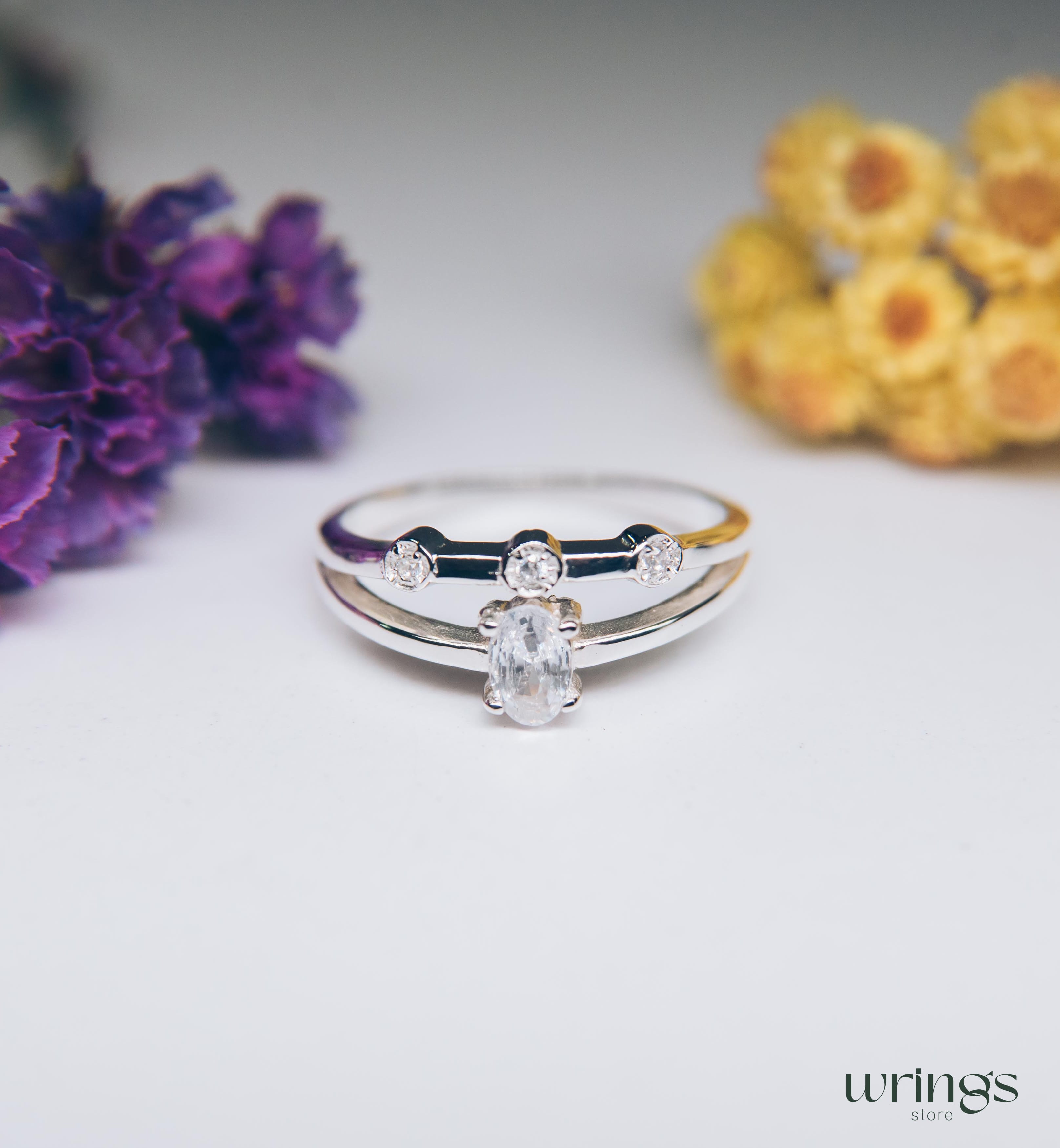 Oval Diamond CZ Double Engagement Ring Band Side Stones