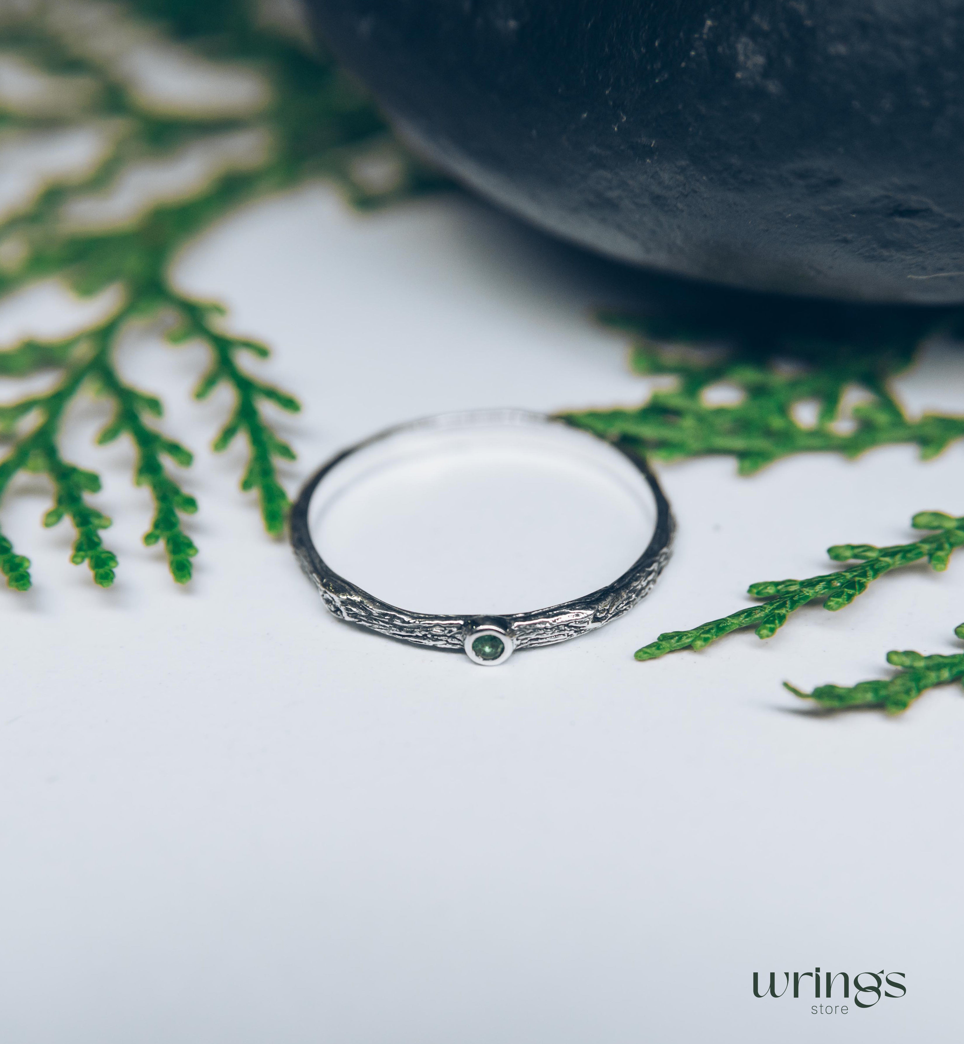Extra Tiny Silver Branch Wedding Band with Emerald