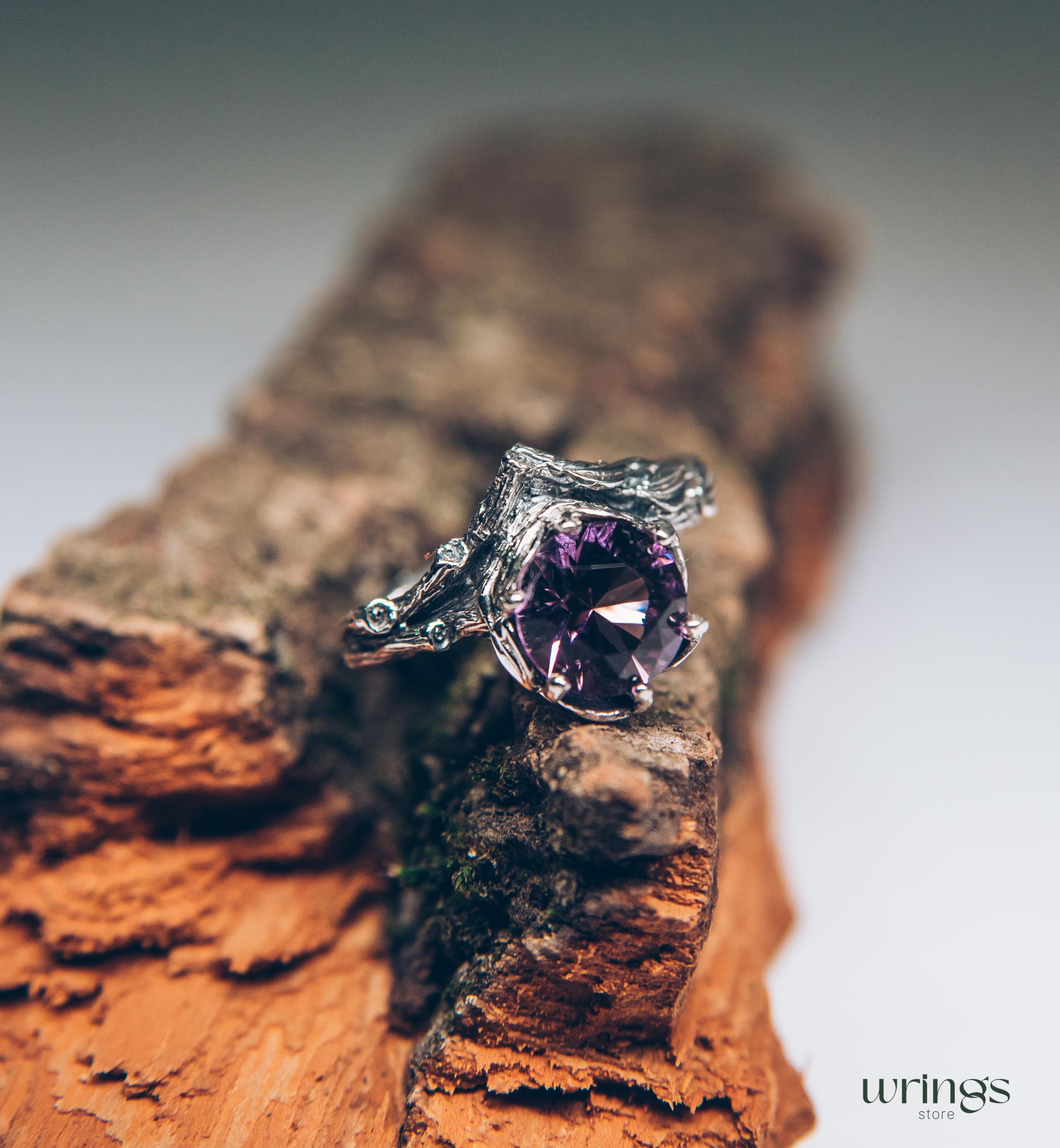 Big Amethyst Chevron Statement Ring & Leaves on a Silver Branch