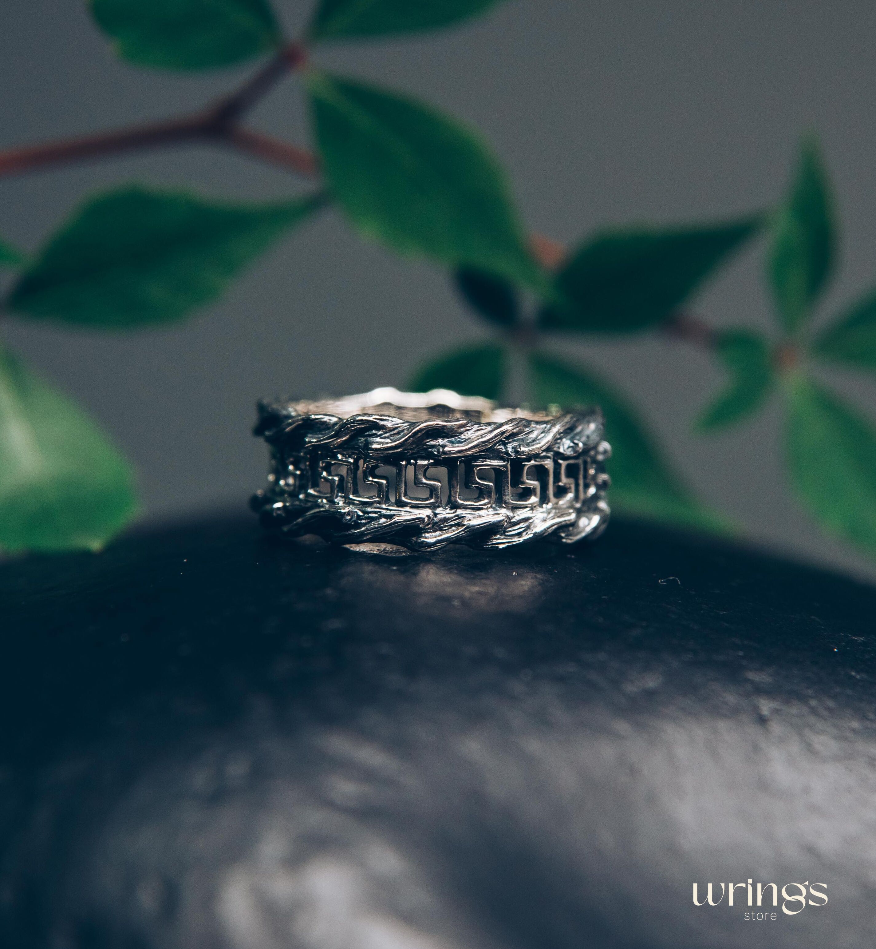 Men's Greek key & Tree bark Silver Wedding Band