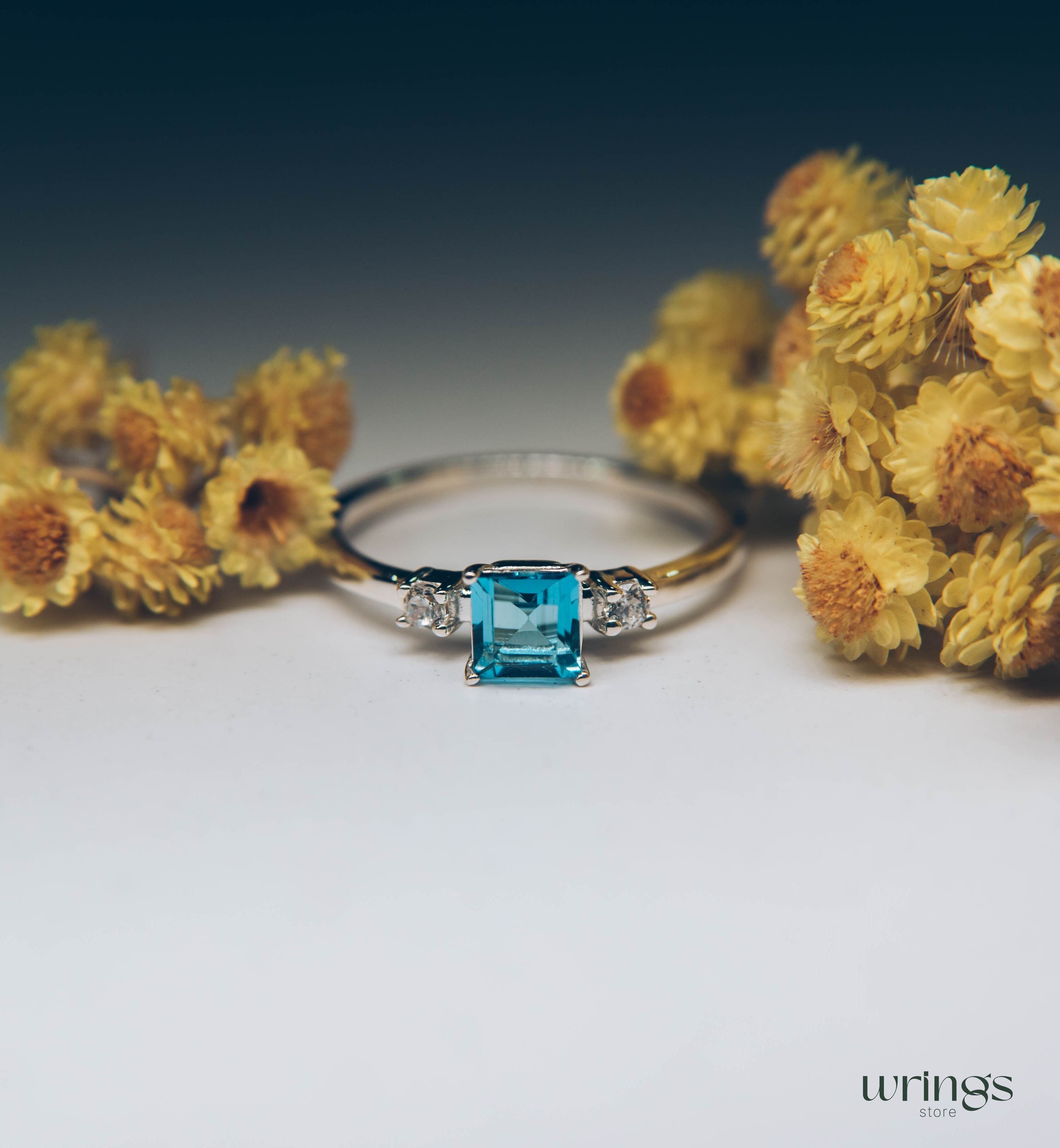 Square Swiss Topaz 3 Stone Engagement Ring Silver