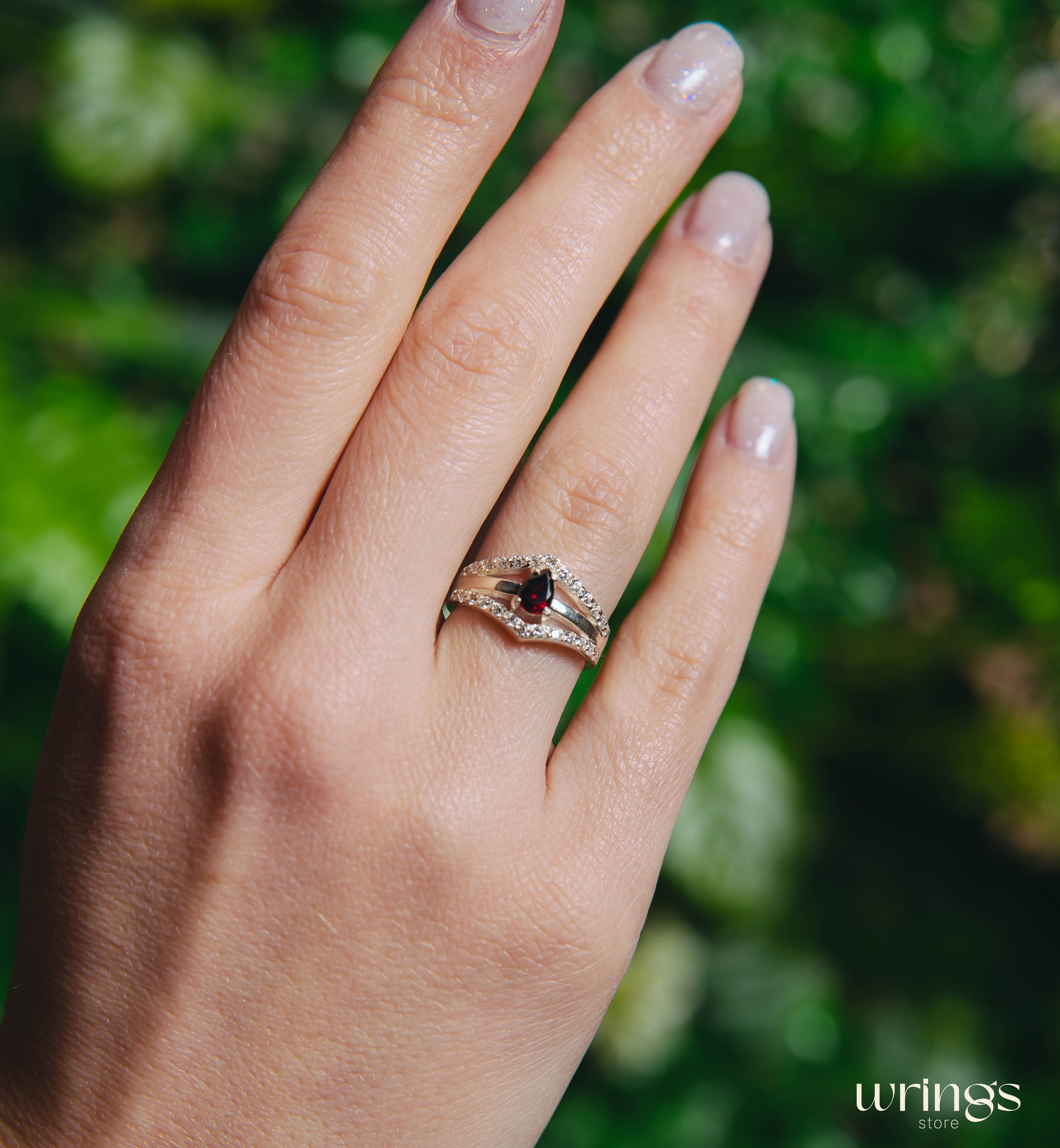 Pear Garnet Statement Ring Silver Double V shaped