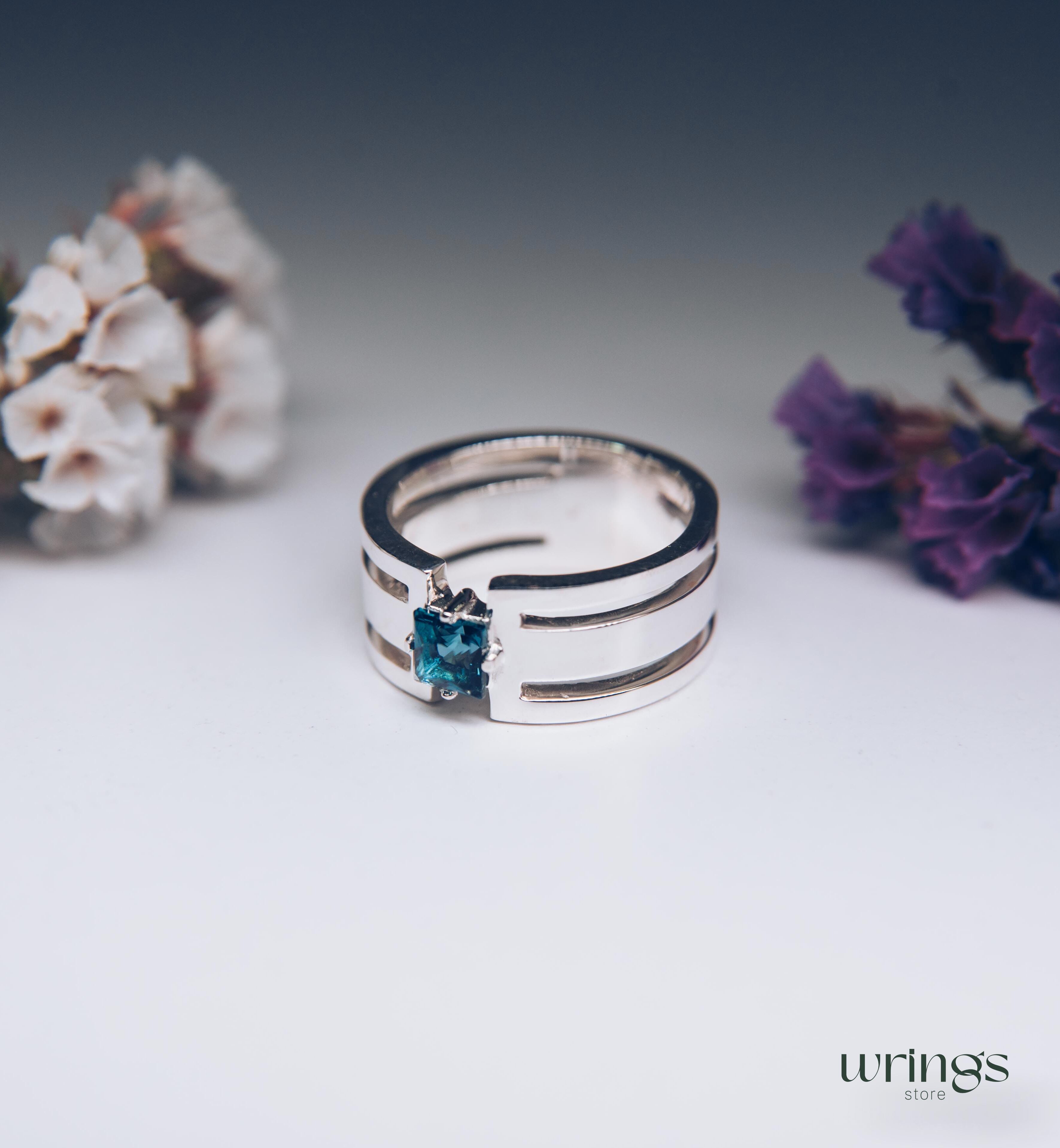 Square London Topaz Silver Wide Band Engagement Ring