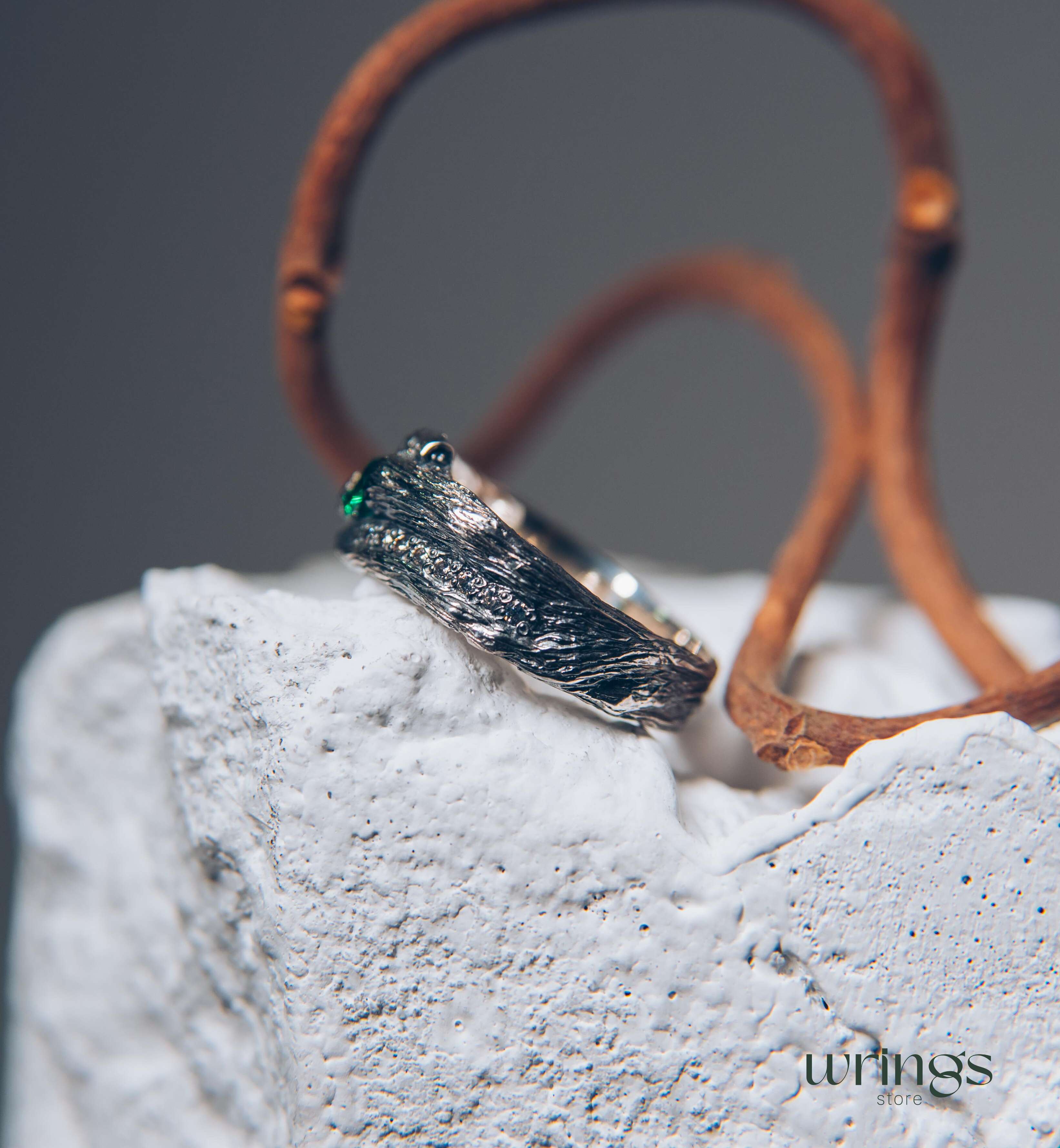 Wide Silver Branch Ring with Magic Emerald & Side CZ