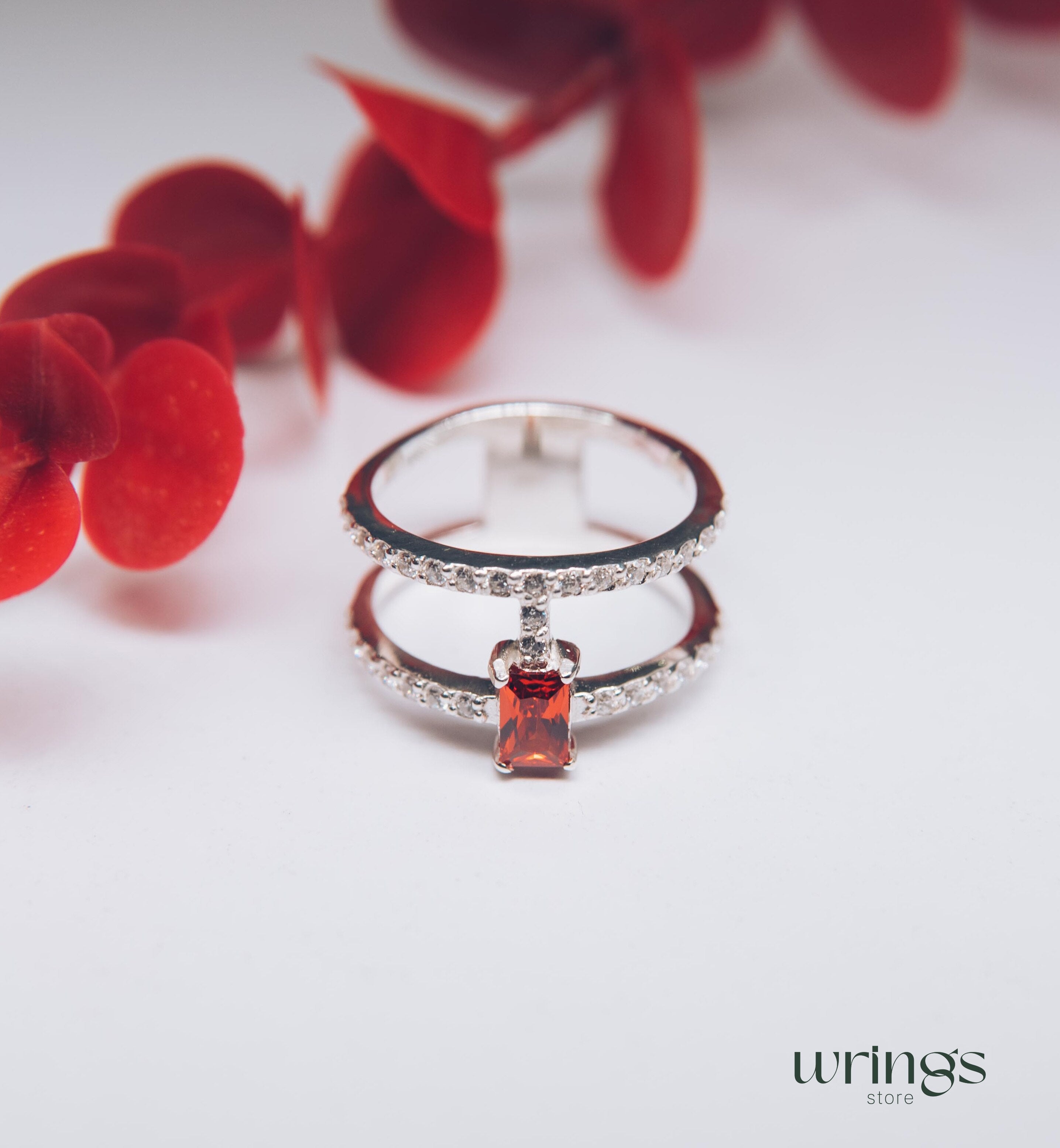 Garnet Two Band Engagement Ring Multiple CZ Stones