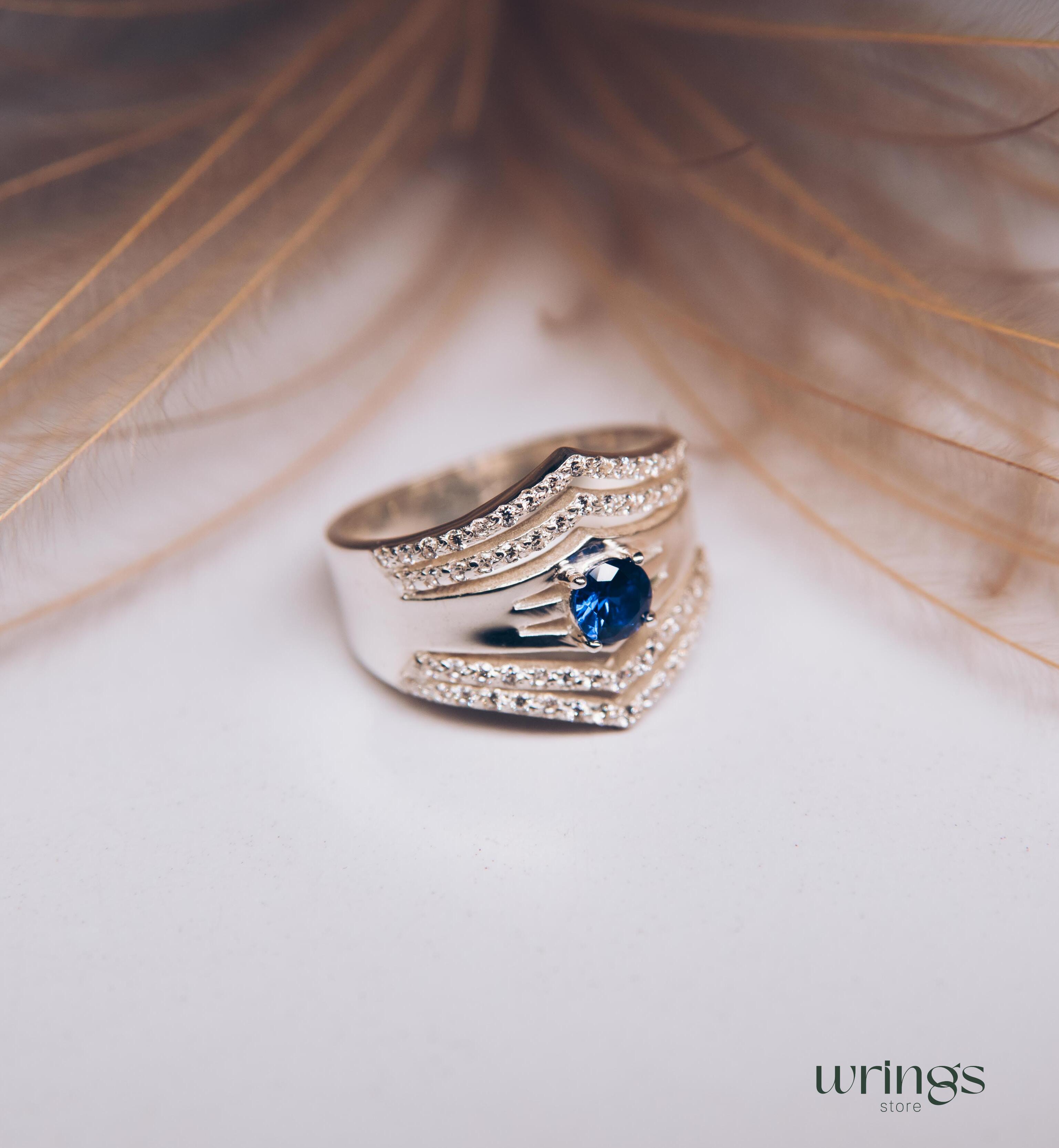 Double Chevron Band LG Blue Sapphire and Diamonds CZ