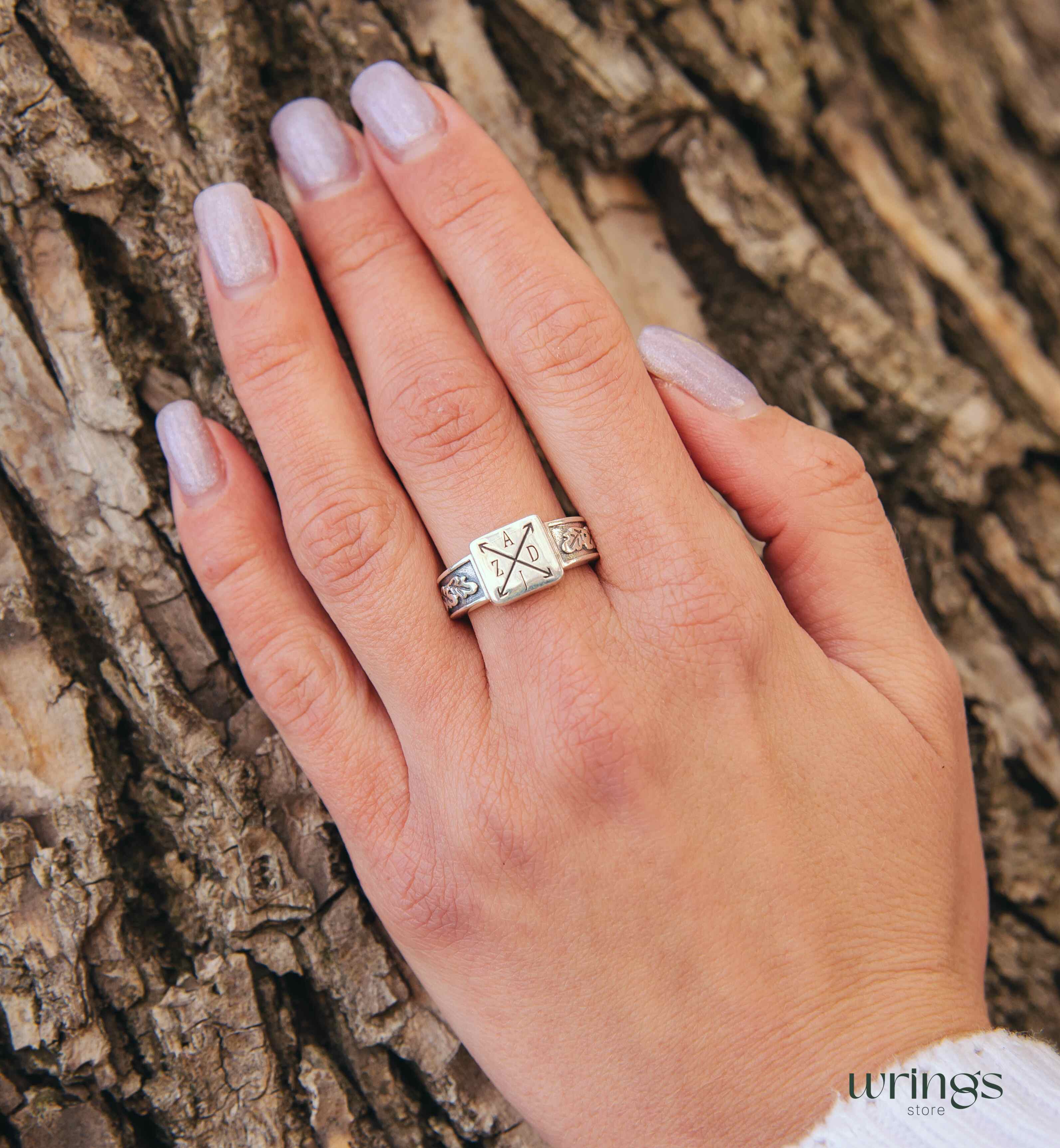 Initials and Monogram Signet Ring Engraved Oak Leaves