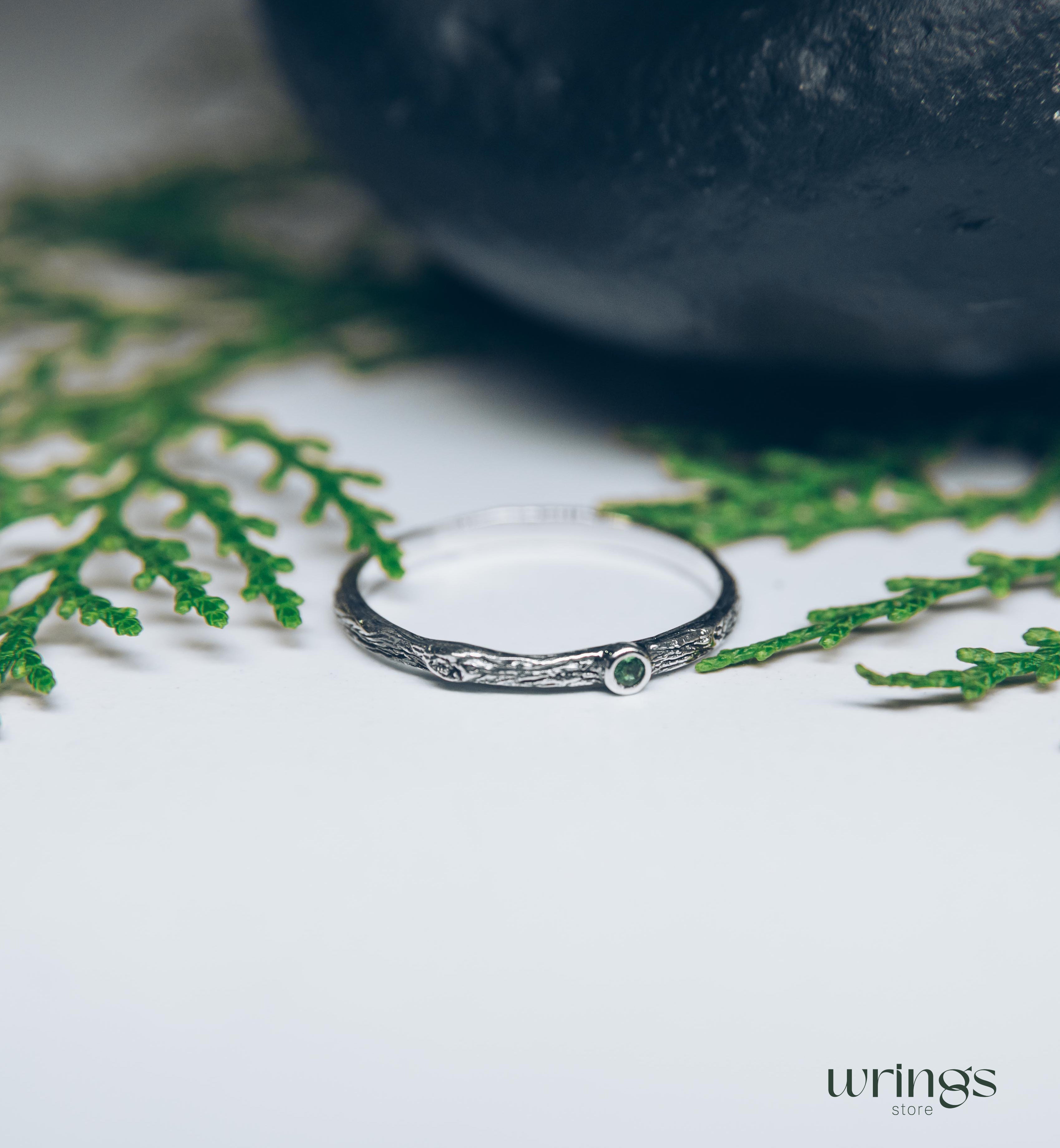 Extra Tiny Silver Branch Wedding Band with Emerald