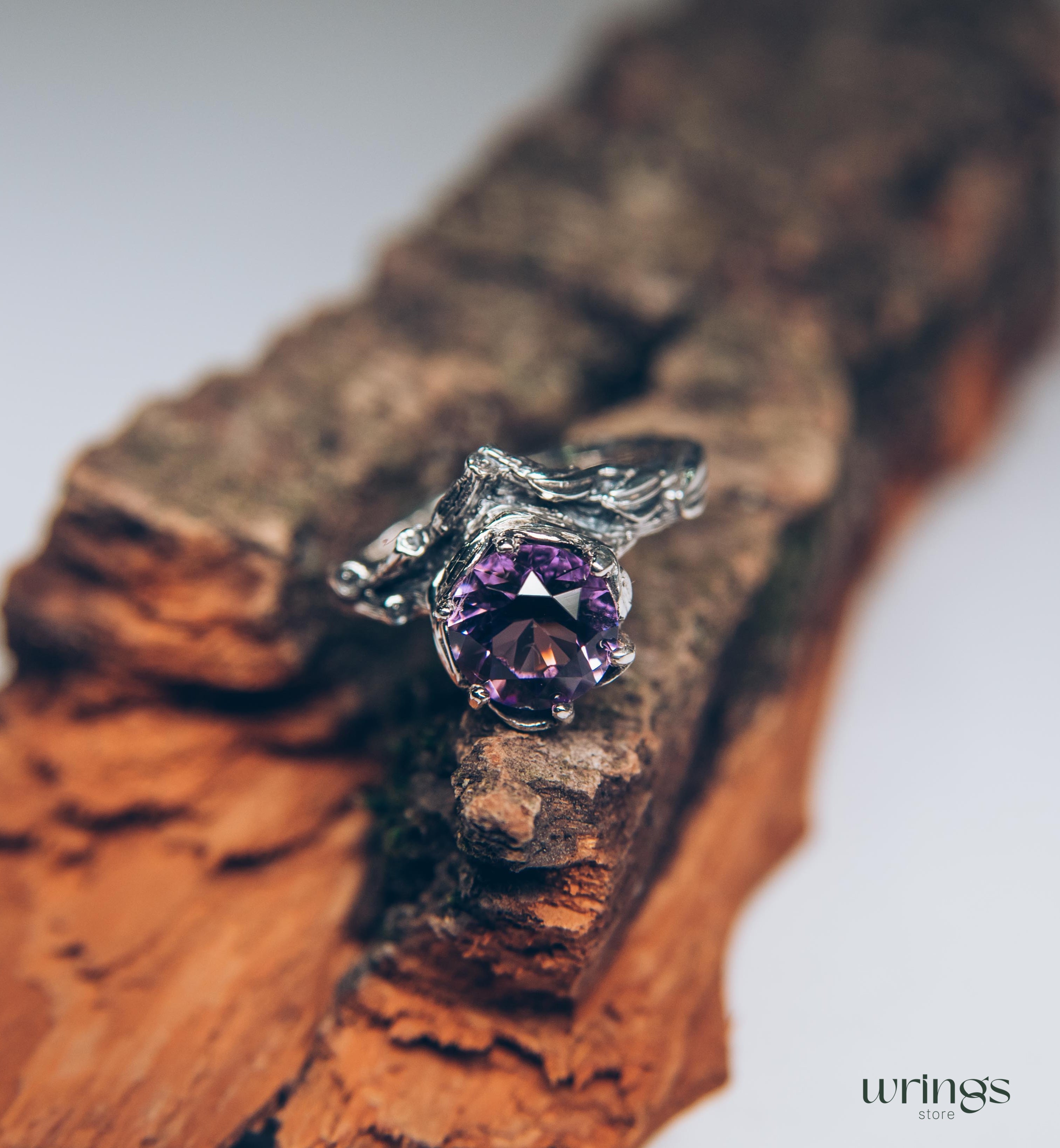 Big Amethyst Chevron Statement Ring & Leaves on a Silver Branch