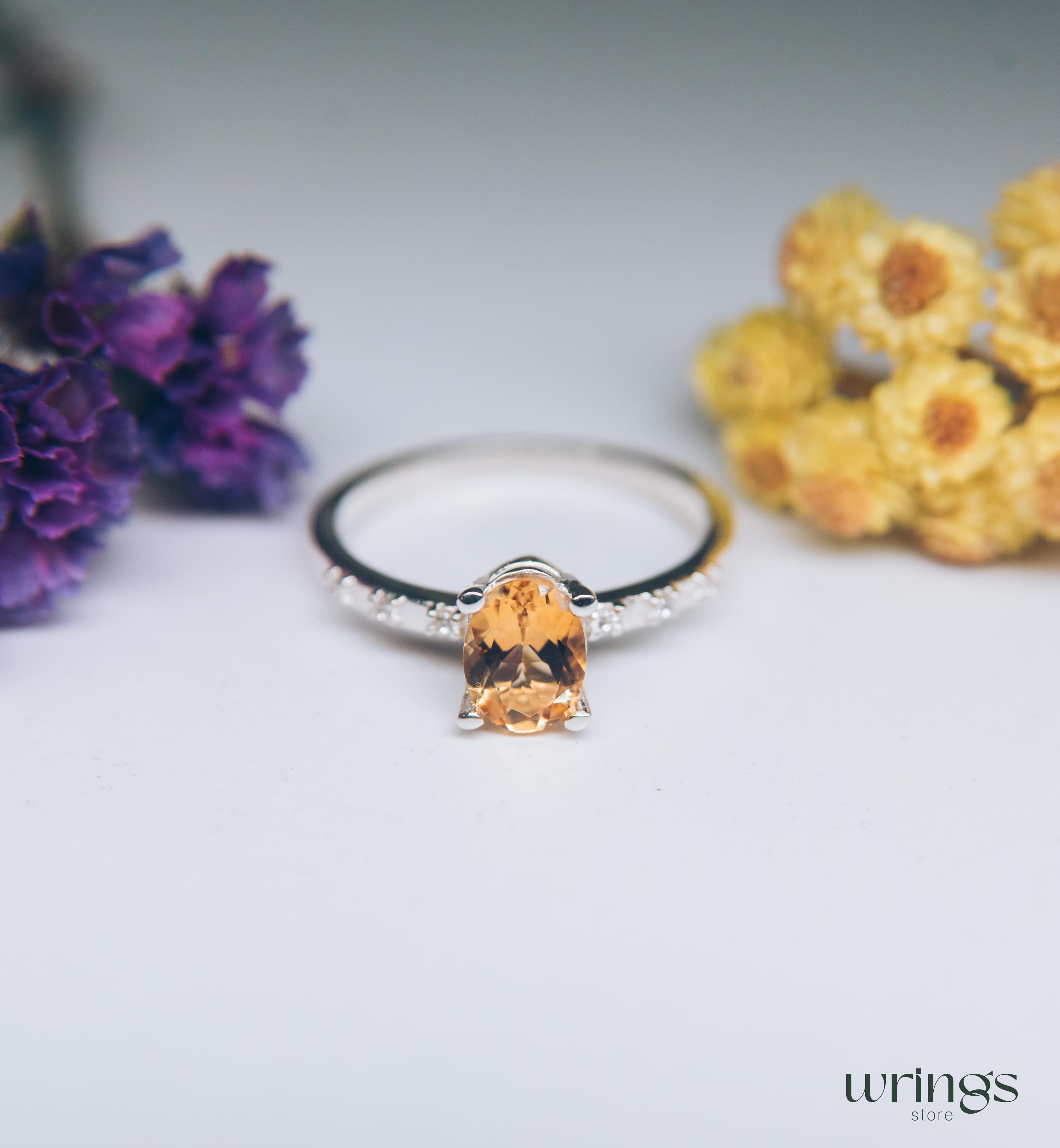 Large Oval Citrine Engagement Ring with Side Stones