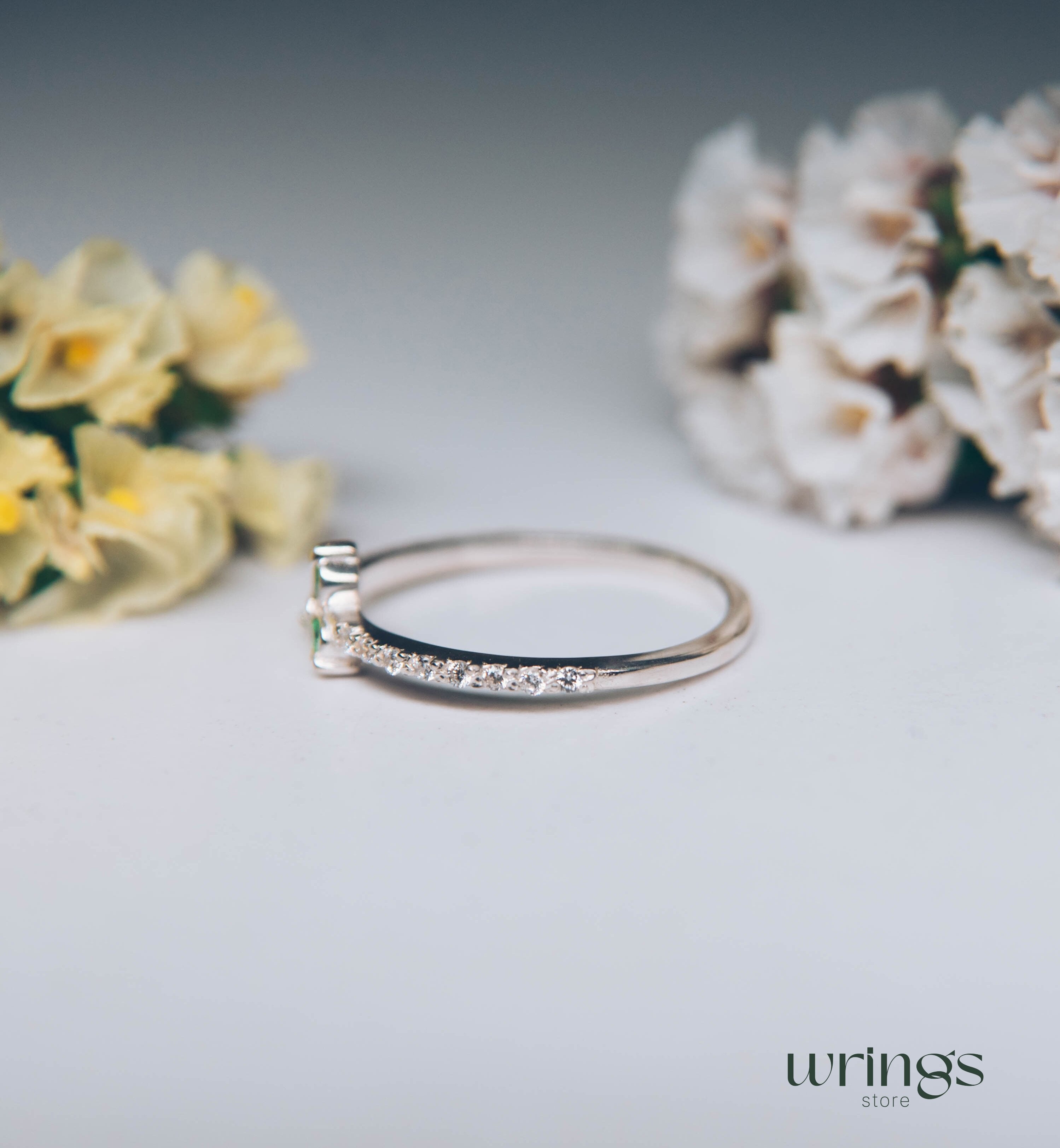 Natural Emerald Three Stone Wedding Ring with Sparkling CZ