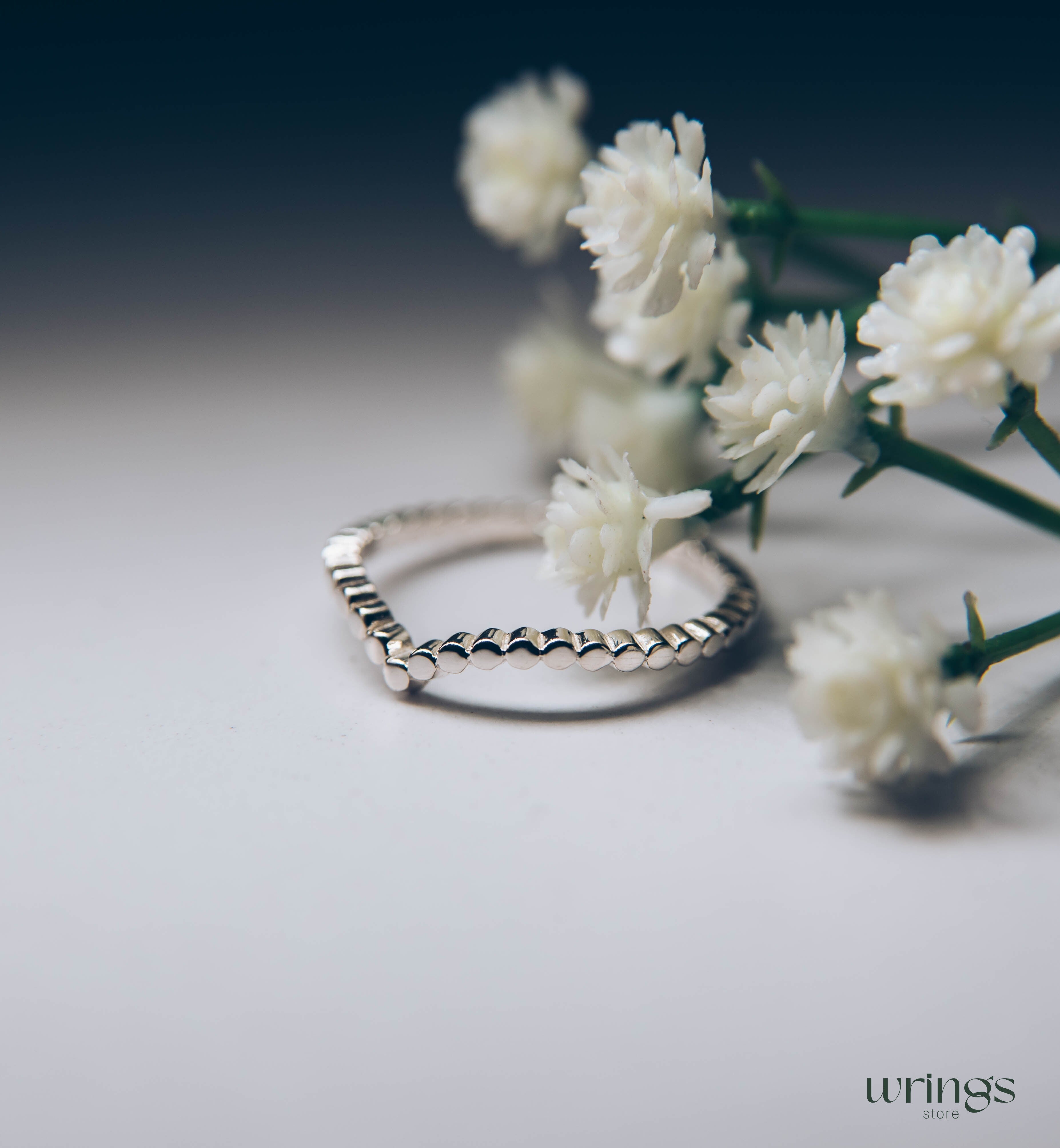 Women's Delicate Silver Chevron Ring Beaded Style Band