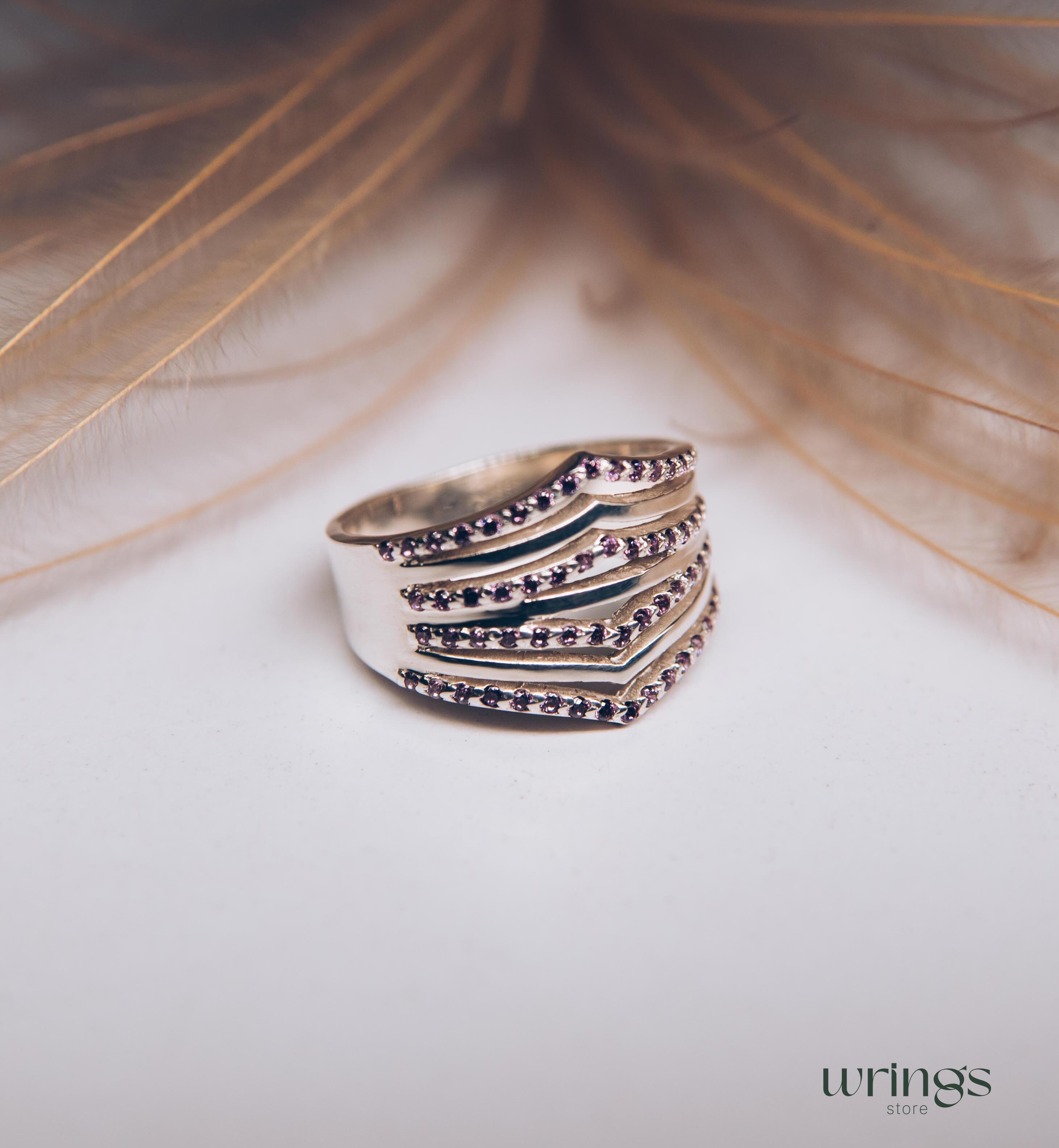 Multi Stone Amethyst Womens Signet Ring Double Chevron