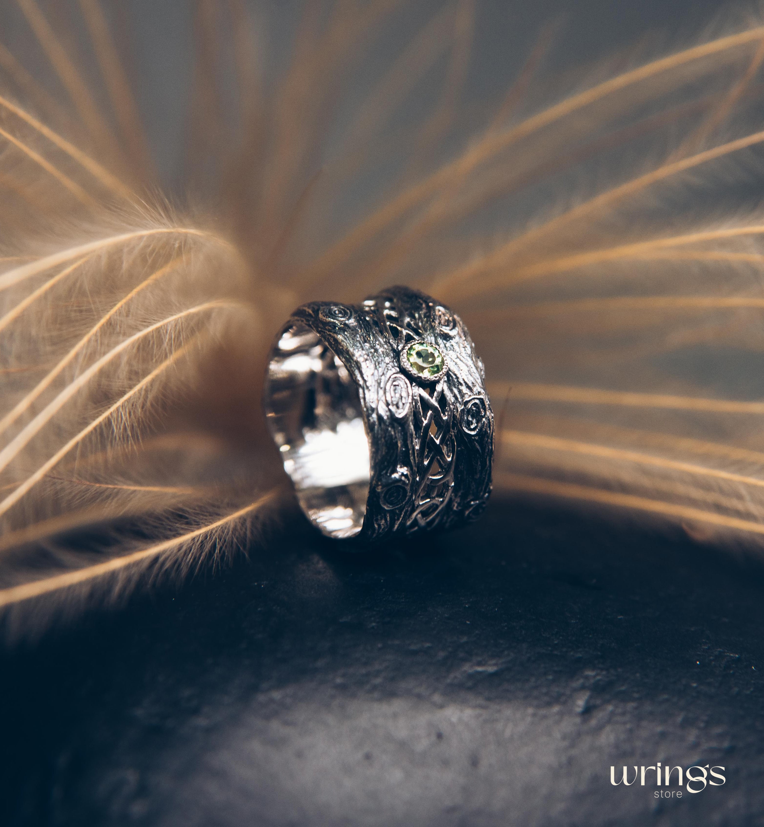 Silver bark with Celtic Weaves & Peridot Wedding Ring