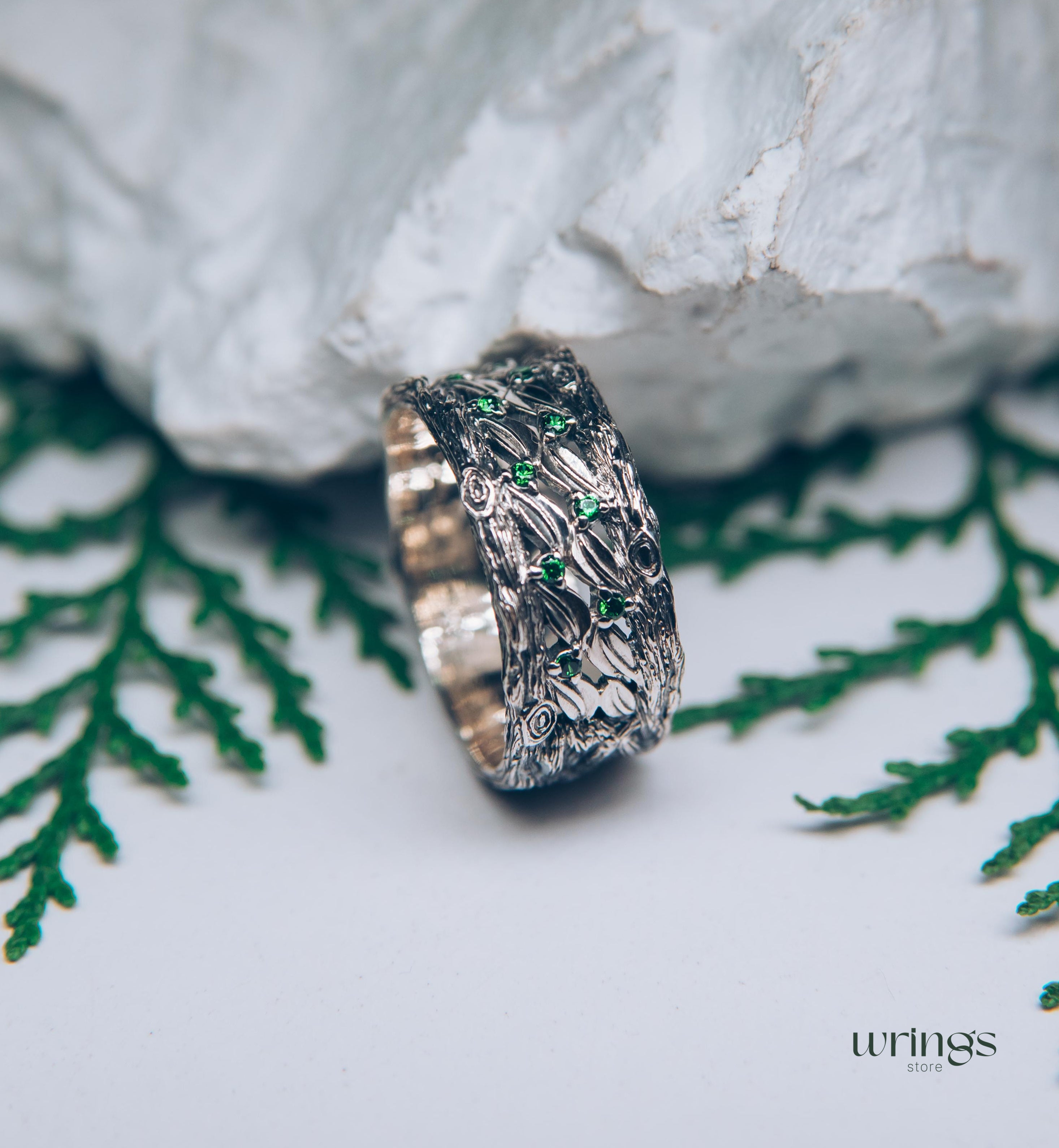 Silver Leaves and Branch Statement Wedding Band with Emeralds