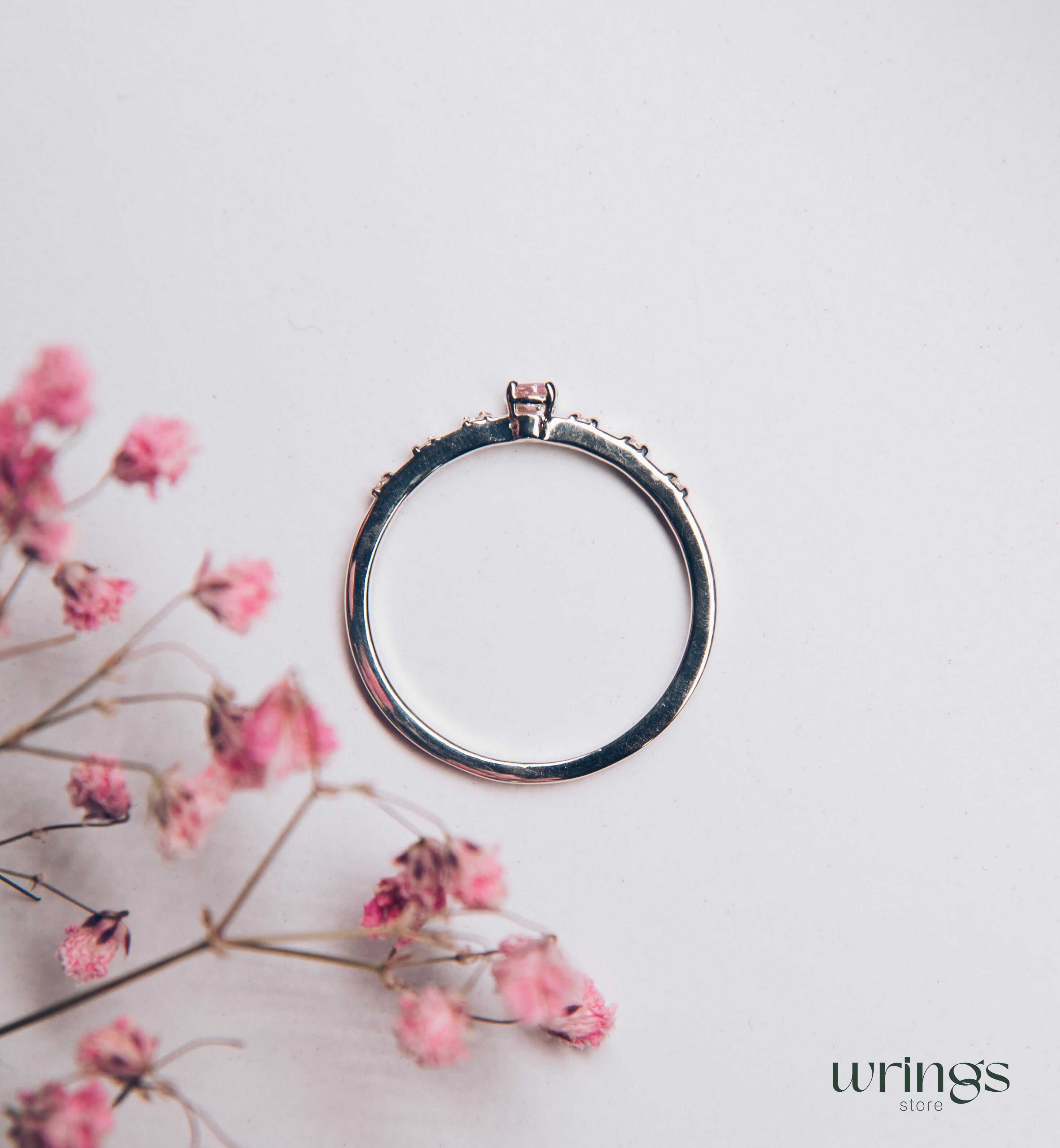 Rose Cubic Zirconia Side Stone Engagement Ring Silver