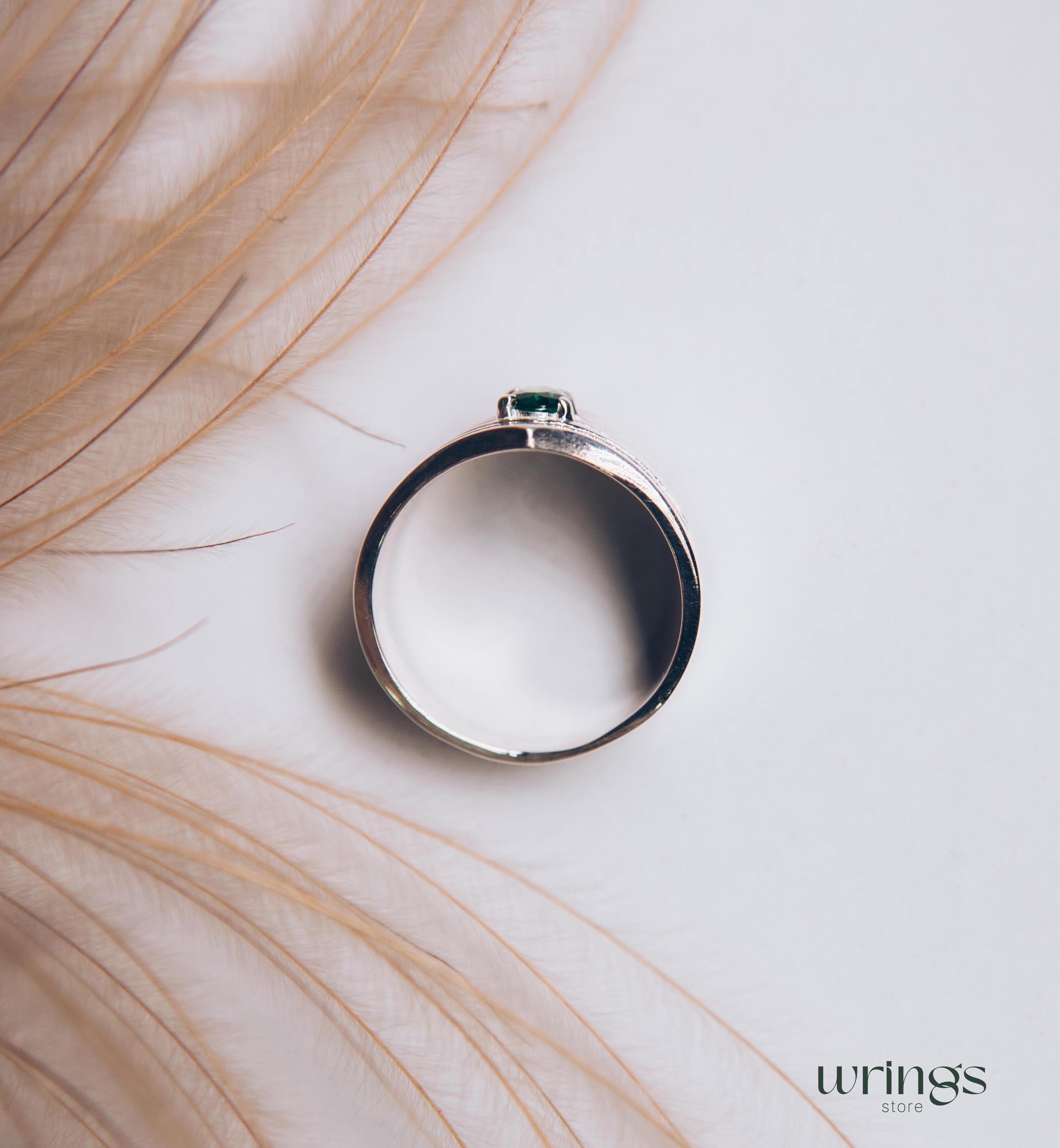 Wide Double Chevron Silver Band with LG Emerald