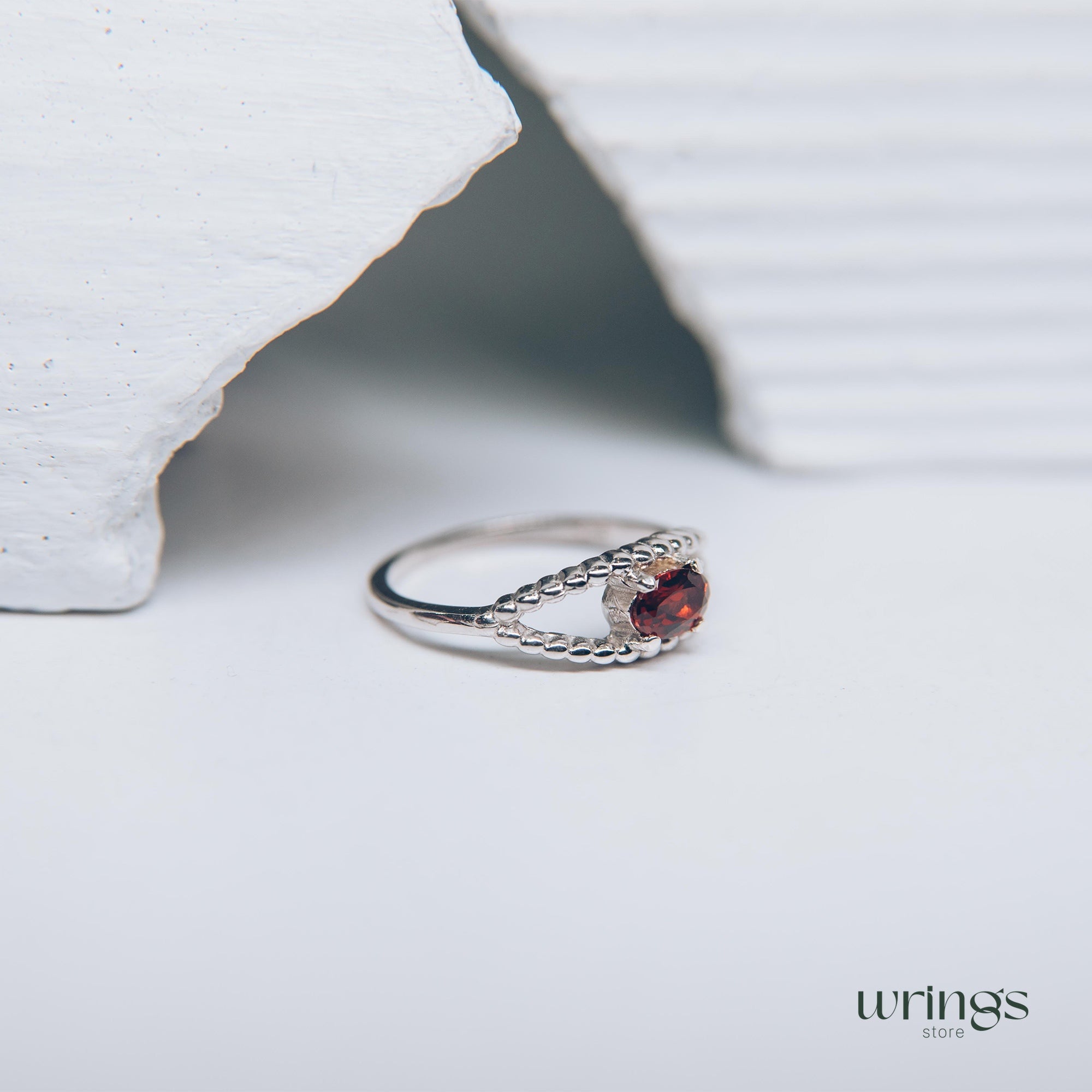 Garnet Gem Silver Beaded Evil Eye Engagement Ring