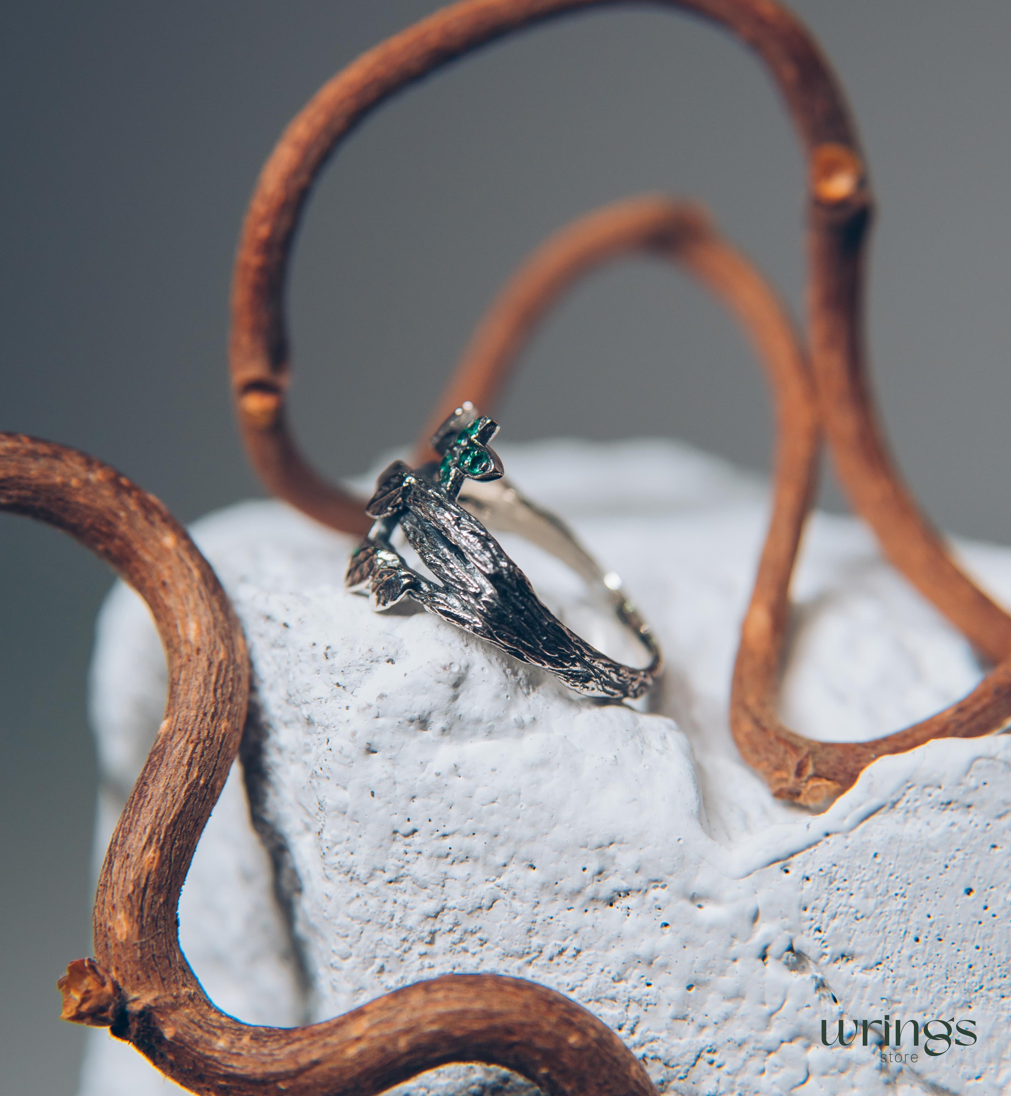 Leaves with Emeralds on the Braided Twigs Ring