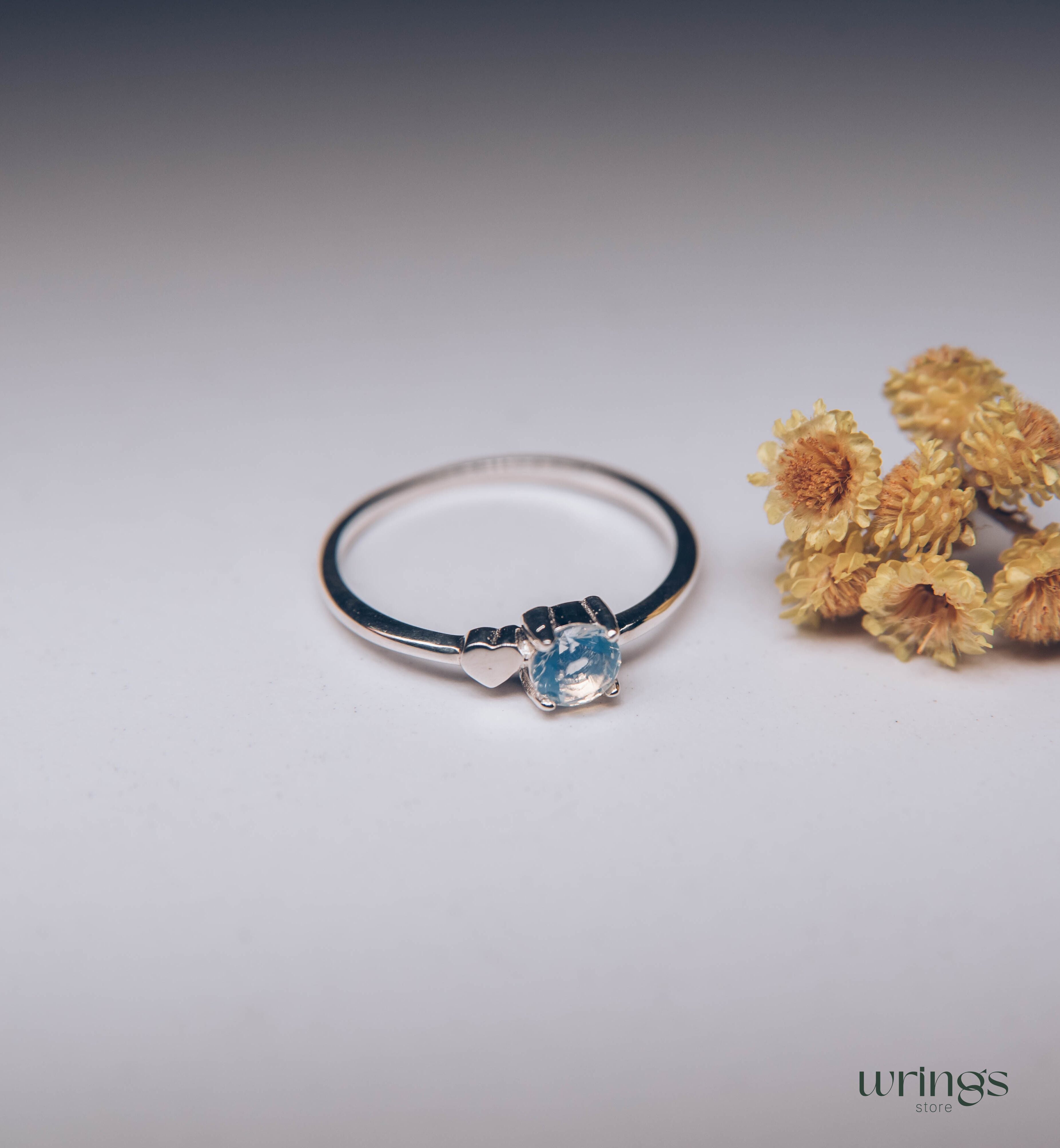 Moonstone June Birth Stone Ring Silver & Side Heart