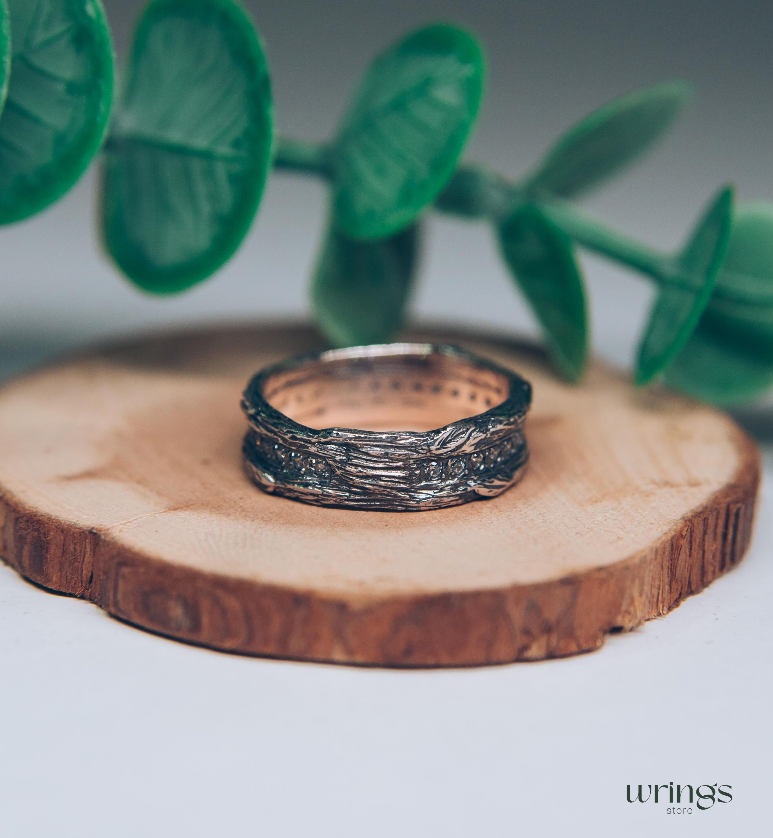 Silver Eternity Ring Wood Leaves and White Stones